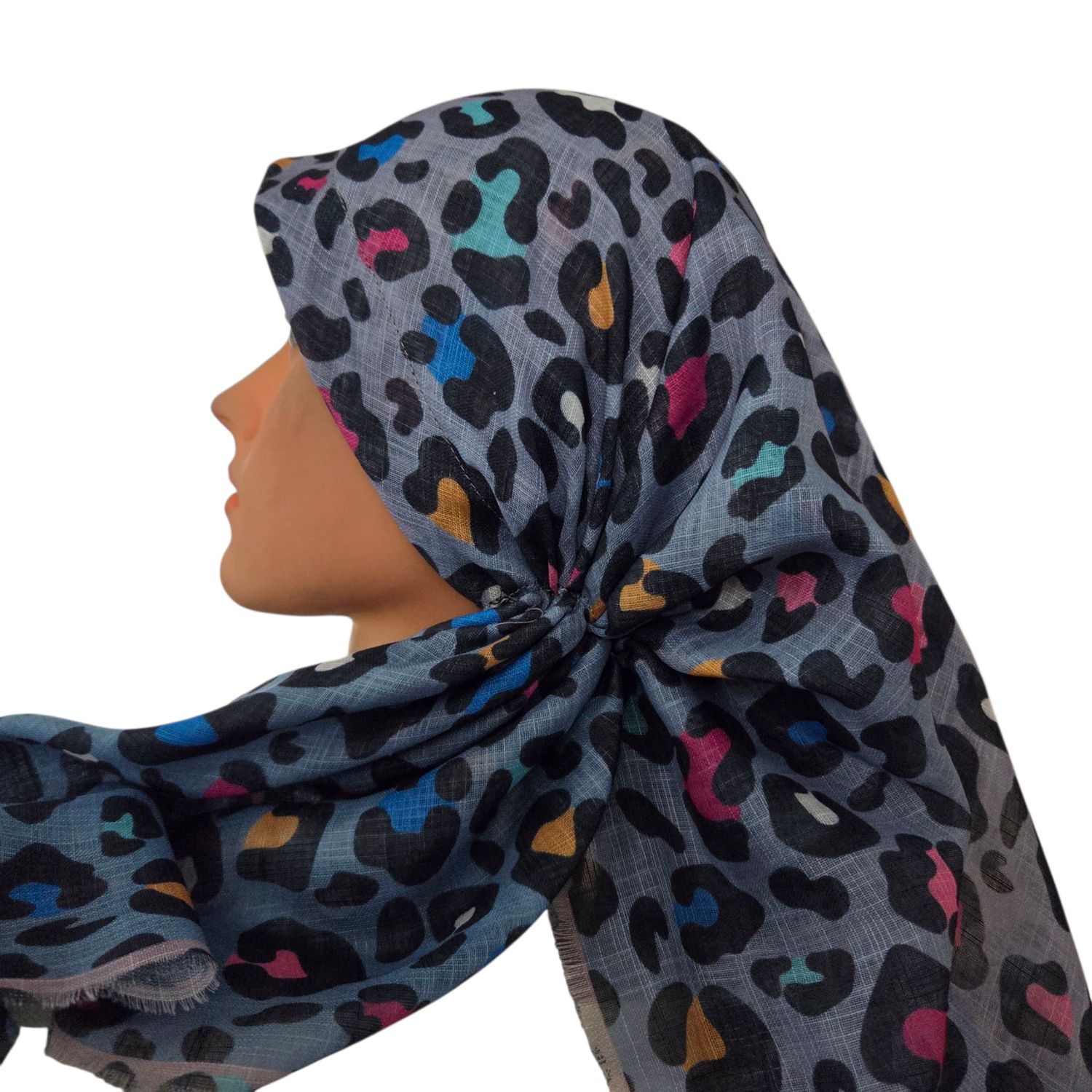 Lavender - shaded leopard pattern  - long kerchief back - soft fringes pretied tichel (BBS) w/band sewn in