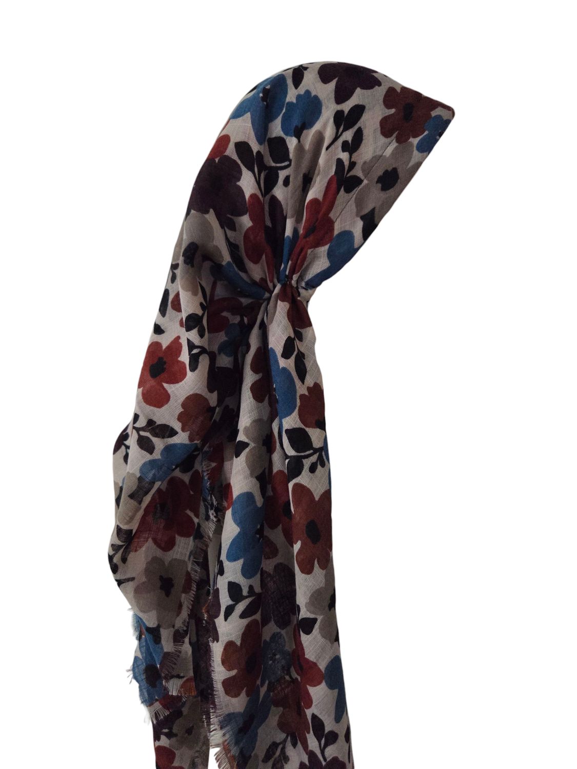 Teal blue - Autumn floral  - long kerchief back - soft fringes pretied tichel (BBS) w/band sewn in