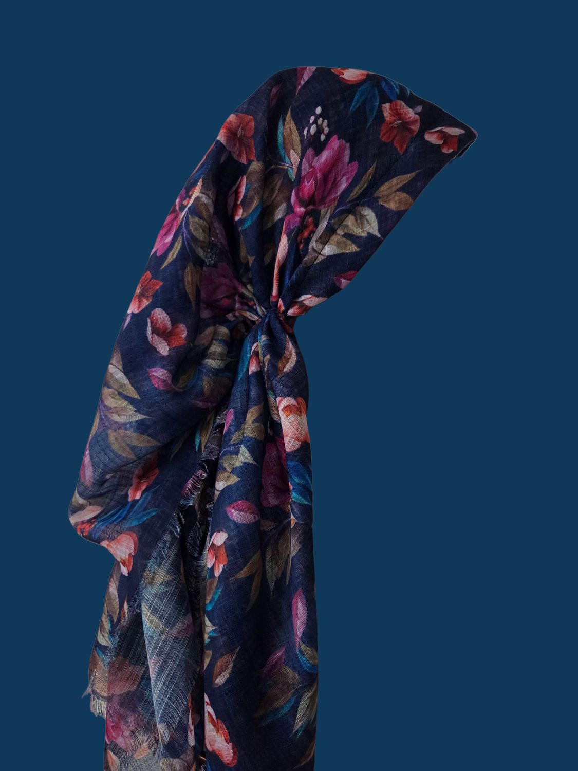 Navy/olive - Autumn pretty leaves  - long kerchief back - soft fringes pretied tichel (BBS) w/band sewn in