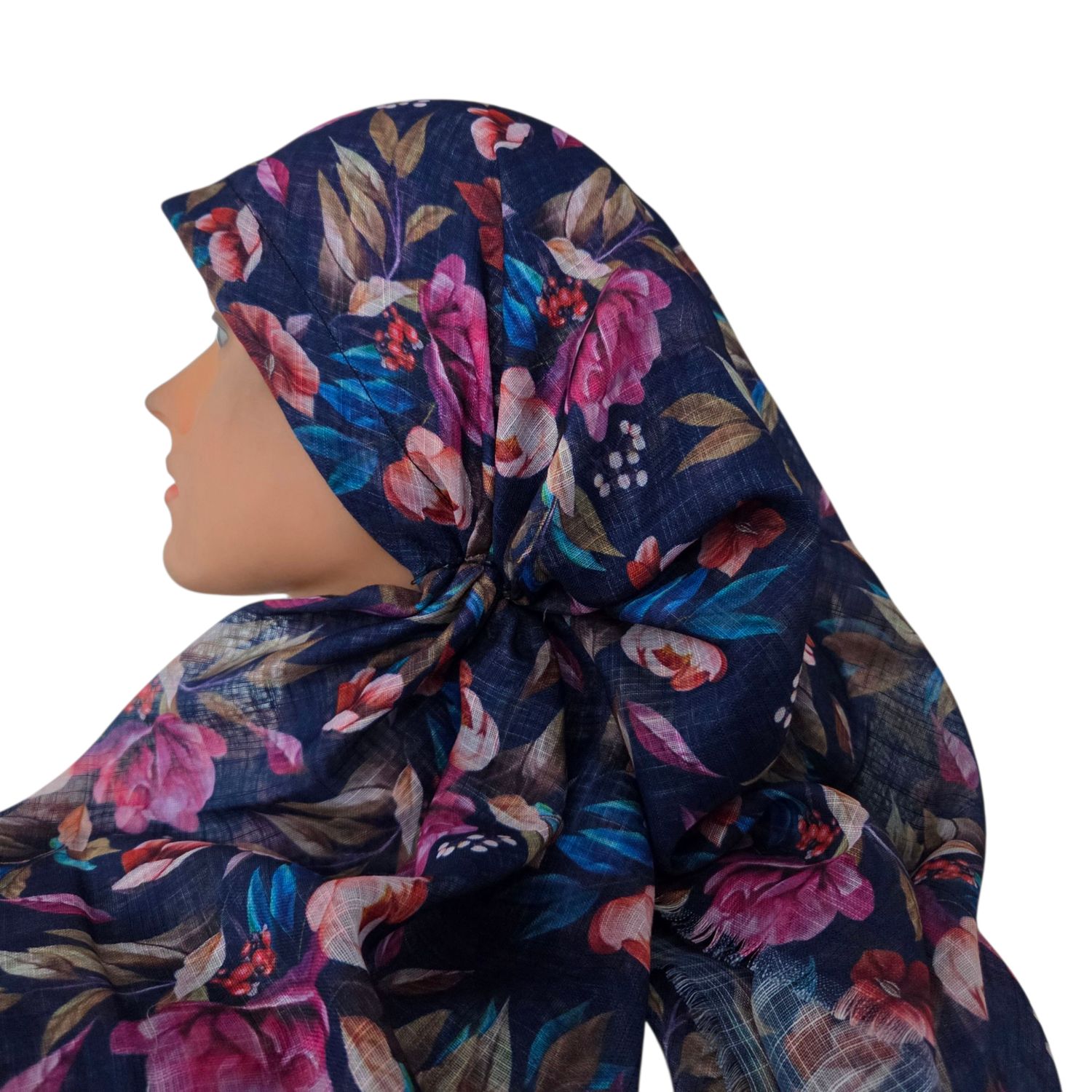 Navy/olive - Autumn pretty leaves  - long kerchief back - soft fringes pretied tichel (BBS) w/band sewn in