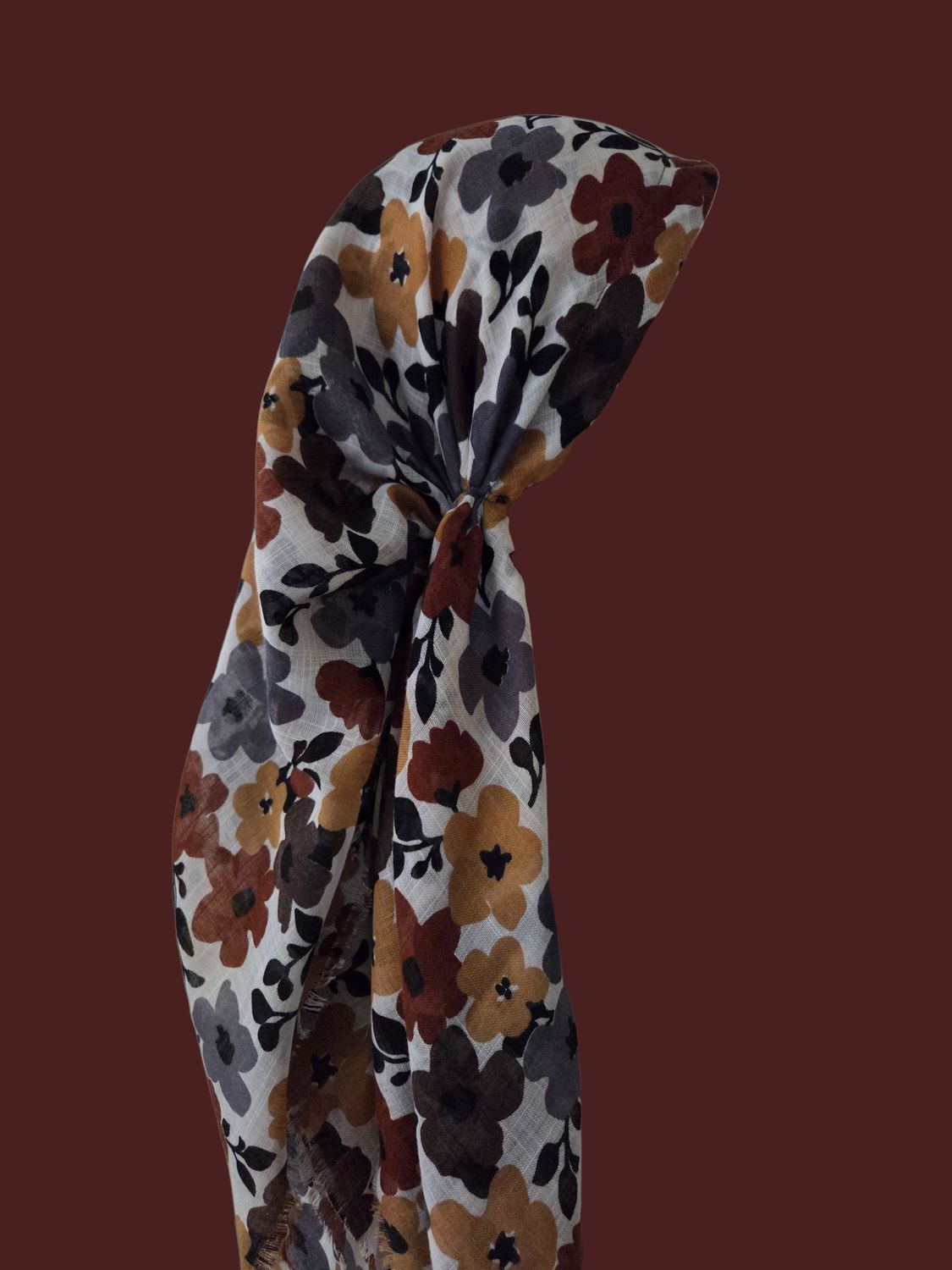 Gray - Autumn floral  - long kerchief back - soft fringes pretied tichel (BBS) w/band sewn in