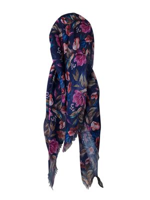 Navy/olive - Autumn pretty leaves  - long kerchief back - soft fringes pretied tichel (BBS) w/band sewn in