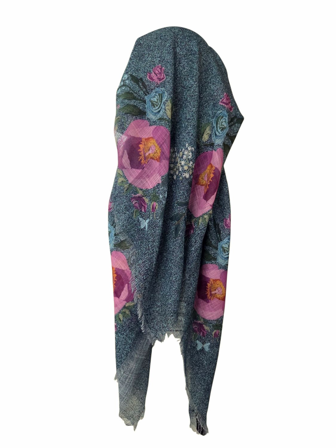 Green denim/floral - long kerchief back - soft fringes pretied tichel (BBS) w/band sewn in