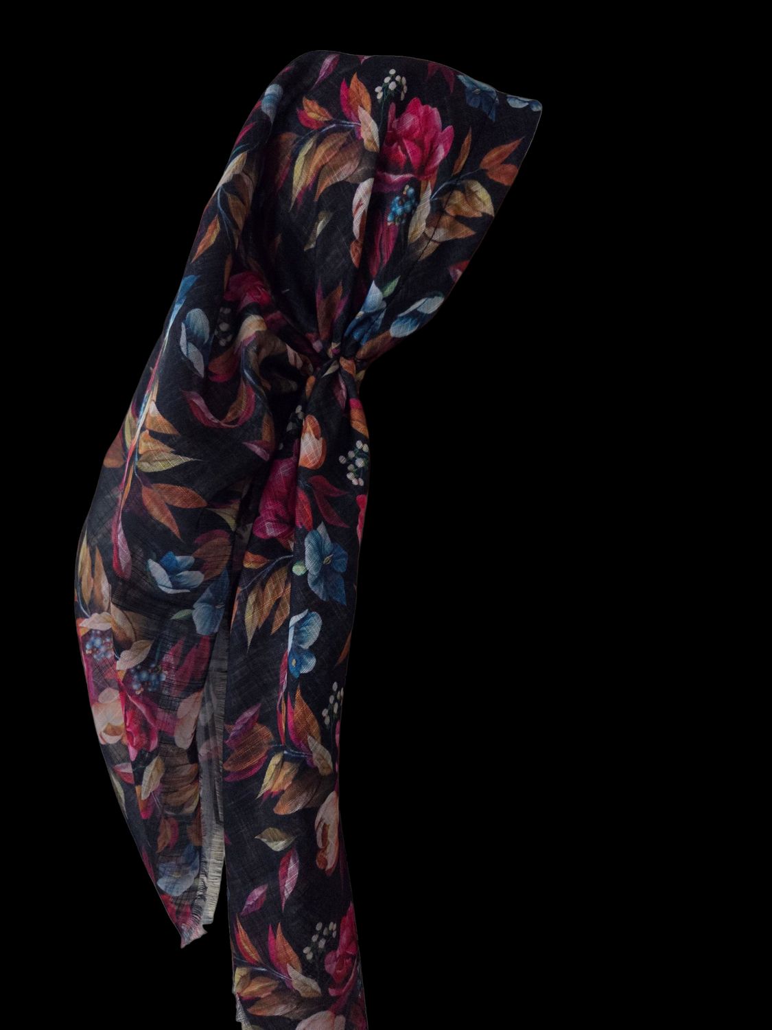 Black/olive - Autumn pretty leaves  - long kerchief back - soft fringes pretied tichel (BBS) w/band sewn in