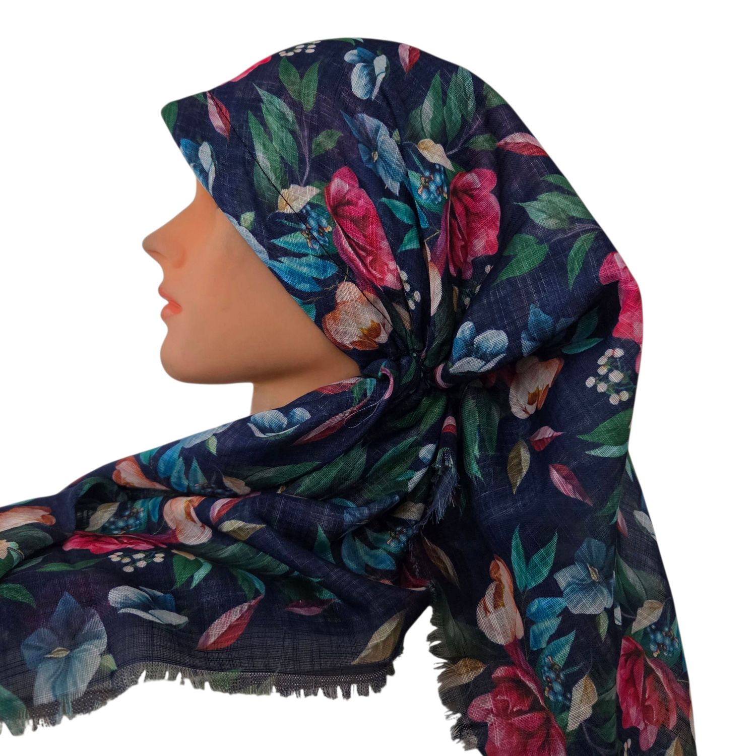 Navy/green - Autumn pretty leaves  - long kerchief back - soft fringes pretied tichel (BBS) w/band sewn in