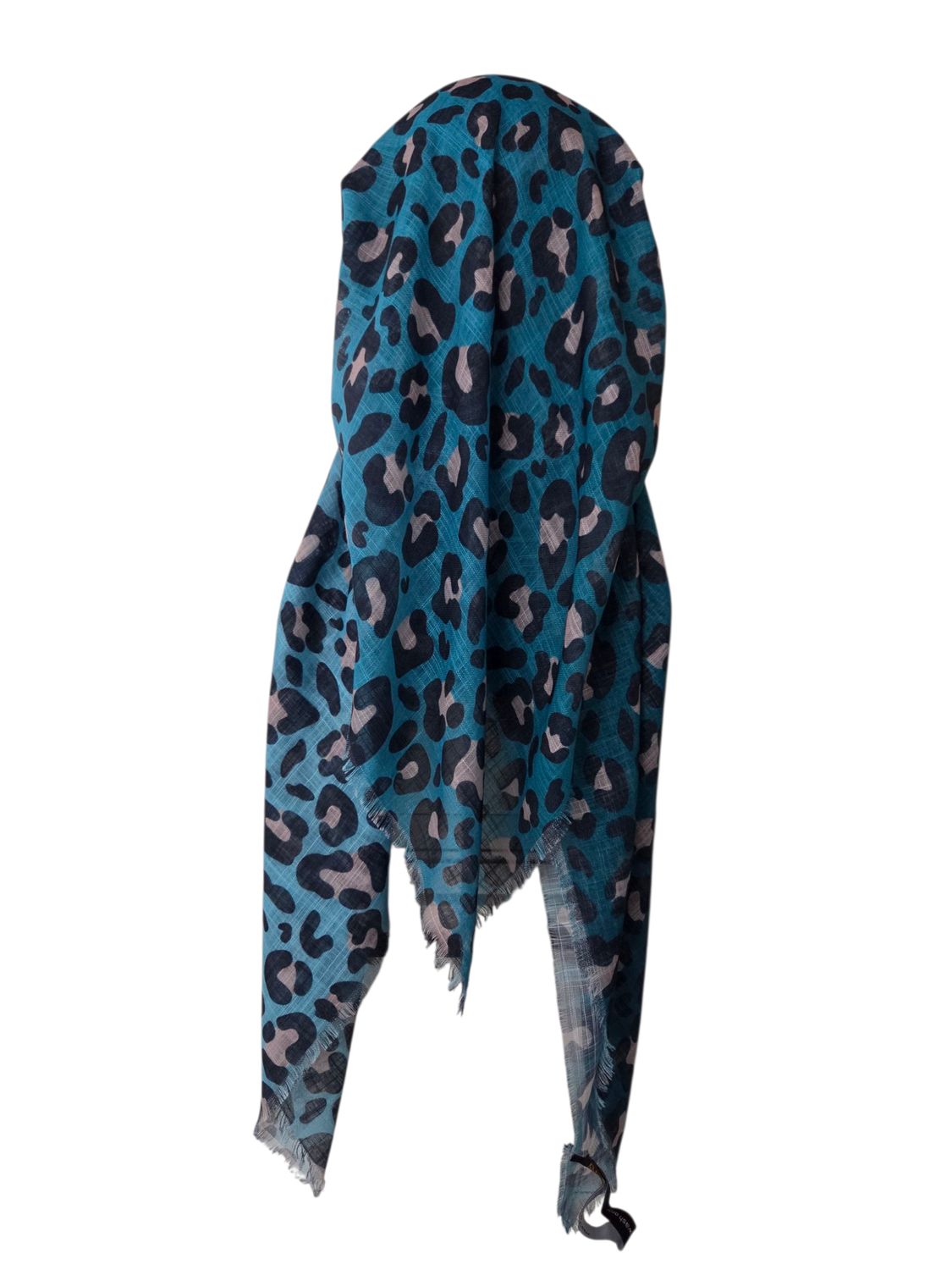 Turquoise - shaded leopard pattern  - long kerchief back - soft fringes pretied tichel (BBS) w/band sewn in