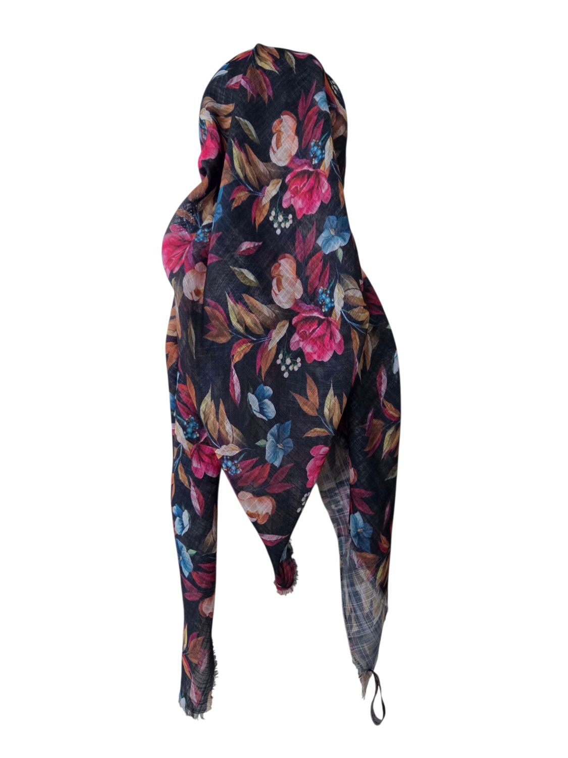 Black/olive - Autumn pretty leaves  - long kerchief back - soft fringes pretied tichel (BBS) w/band sewn in