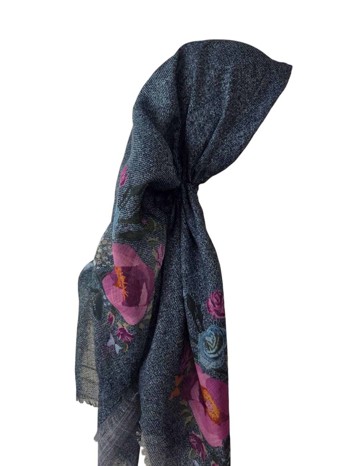 Green denim/floral - long kerchief back - soft fringes pretied tichel (BBS) w/band sewn in