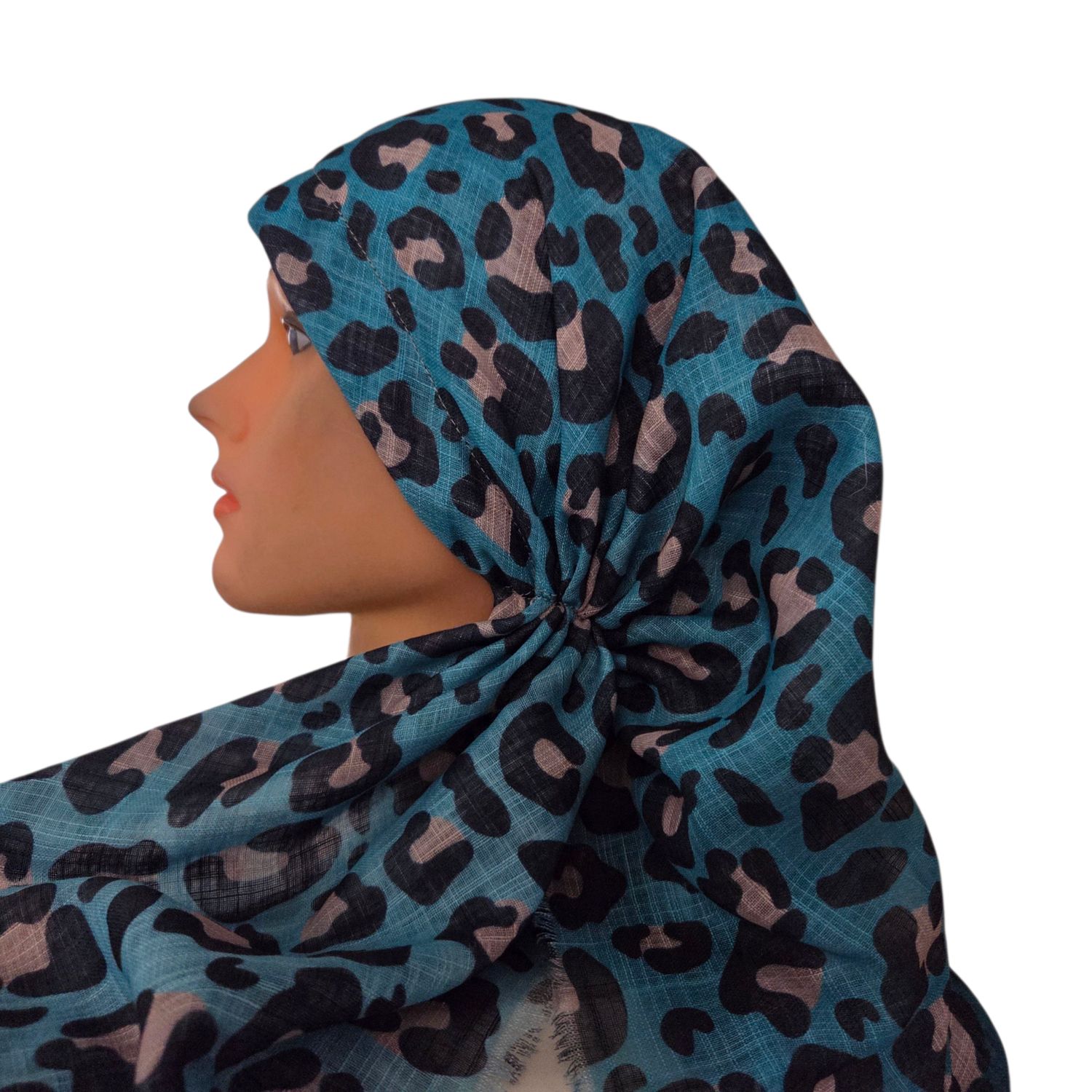 Turquoise - shaded leopard pattern  - long kerchief back - soft fringes pretied tichel (BBS) w/band sewn in