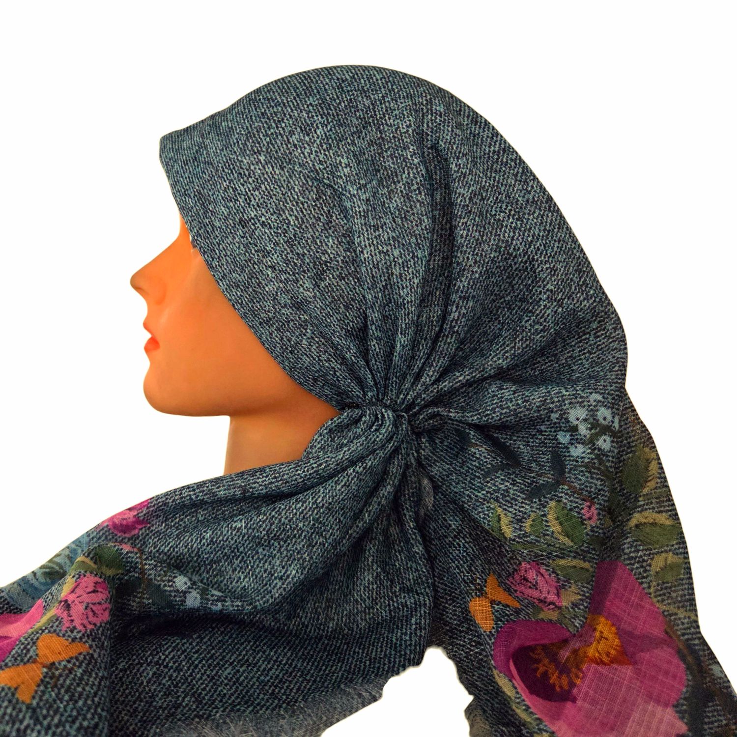 Green denim/floral - long kerchief back - soft fringes pretied tichel (BBS) w/band sewn in