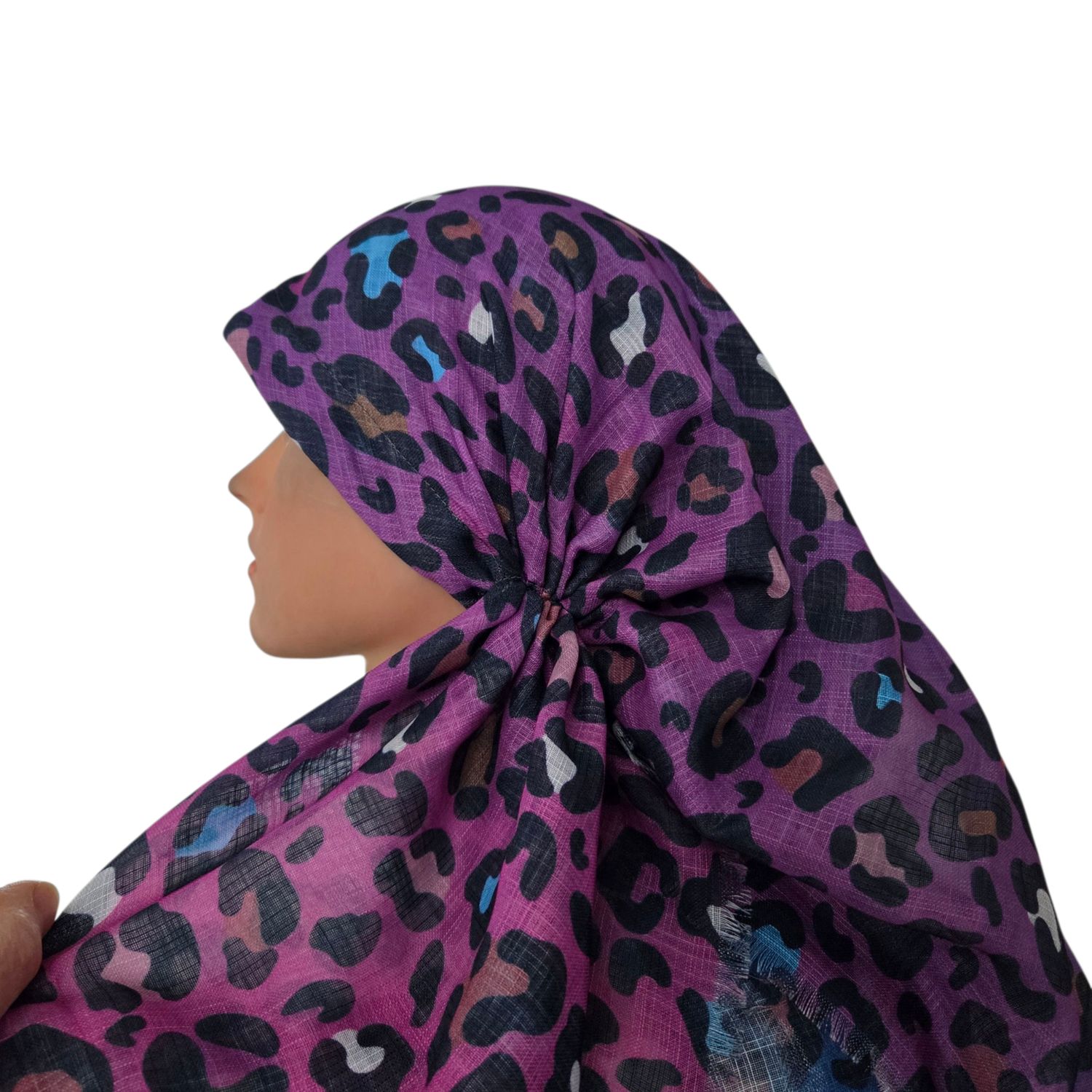 Purple - shaded leopard pattern  - long kerchief back - soft fringes pretied tichel (BBS) w/band sewn in