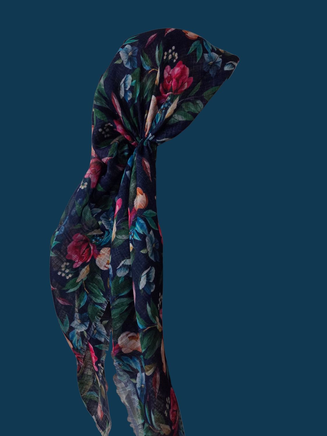 Navy/green - Autumn pretty leaves  - long kerchief back - soft fringes pretied tichel (BBS) w/band sewn in