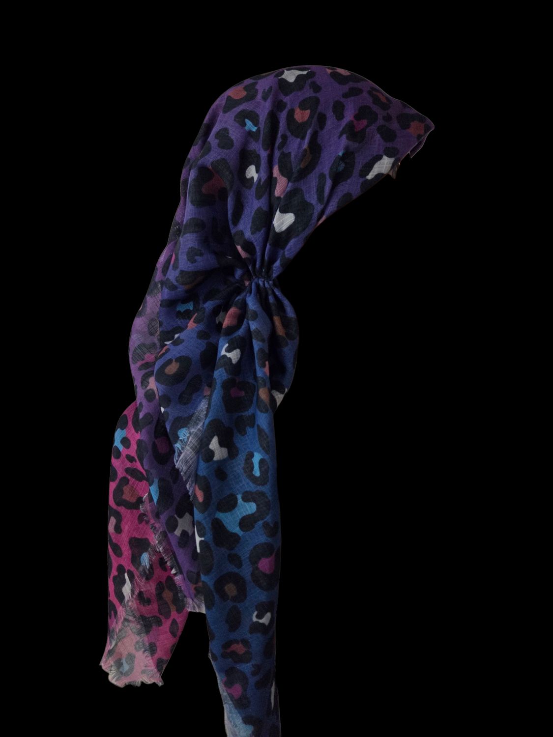 Purple - shaded leopard pattern  - long kerchief back - soft fringes pretied tichel (BBS) w/band sewn in