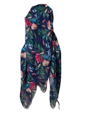 Navy/green - Autumn pretty leaves  - long kerchief back - soft fringes pretied tichel (BBS) w/band sewn in