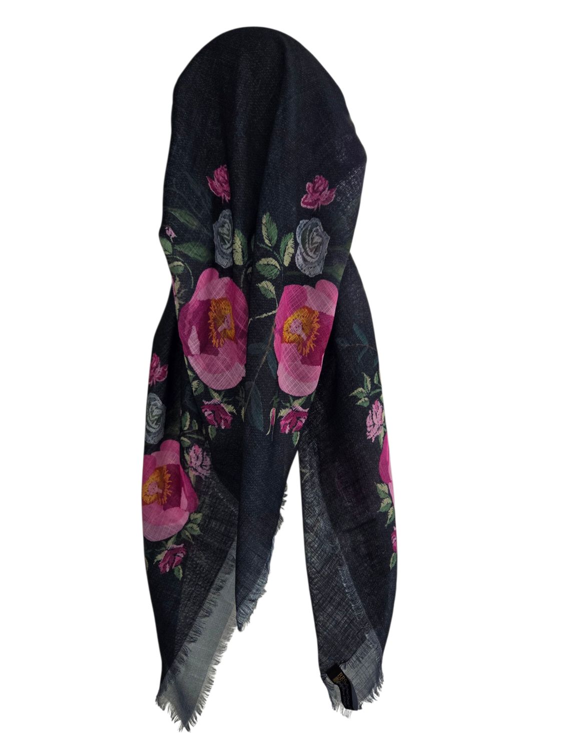 Black denim/floral - long kerchief back - soft fringes pretied tichel (BBS) w/band sewn in