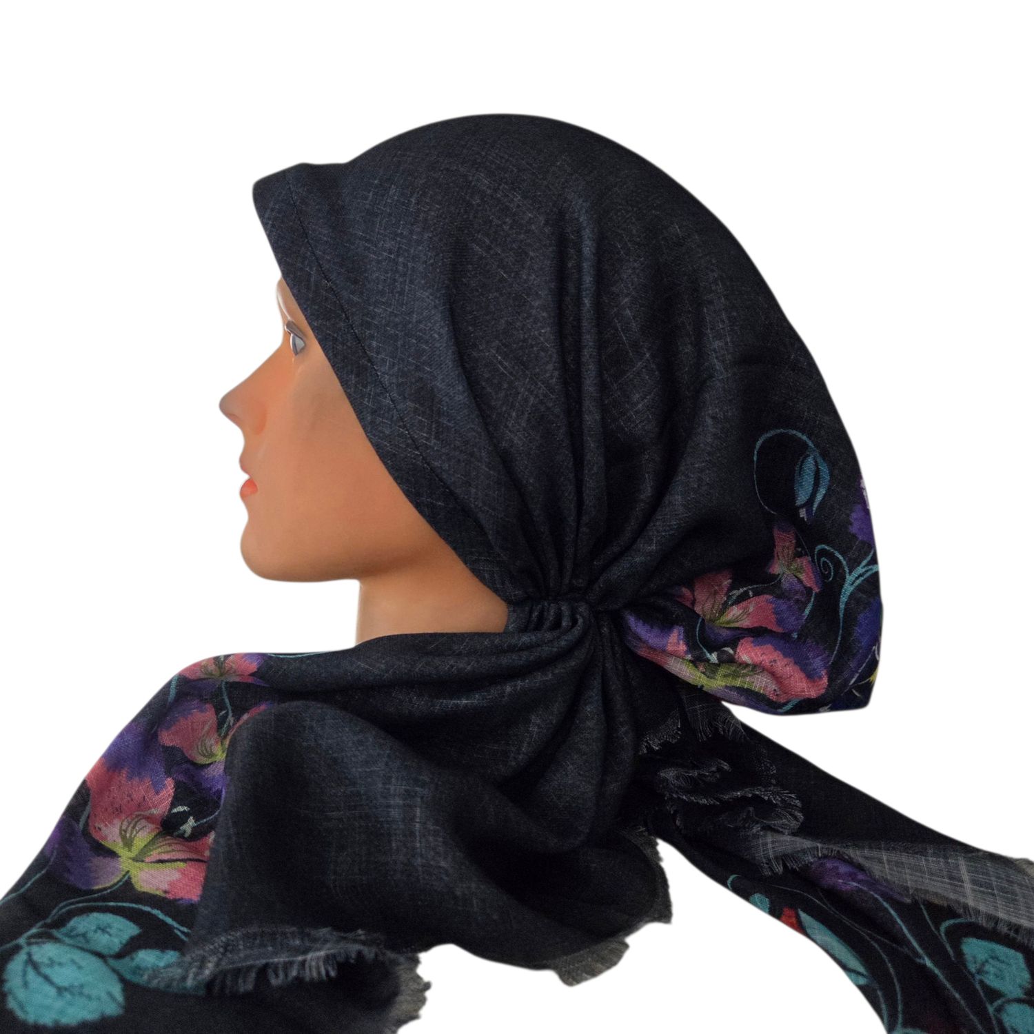 Black floral whispers - soft fringes pretied tichel