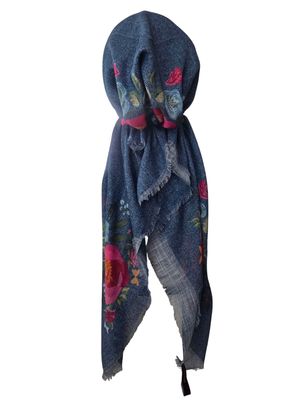Denim blue floral whispers - soft fringes pretied tichel