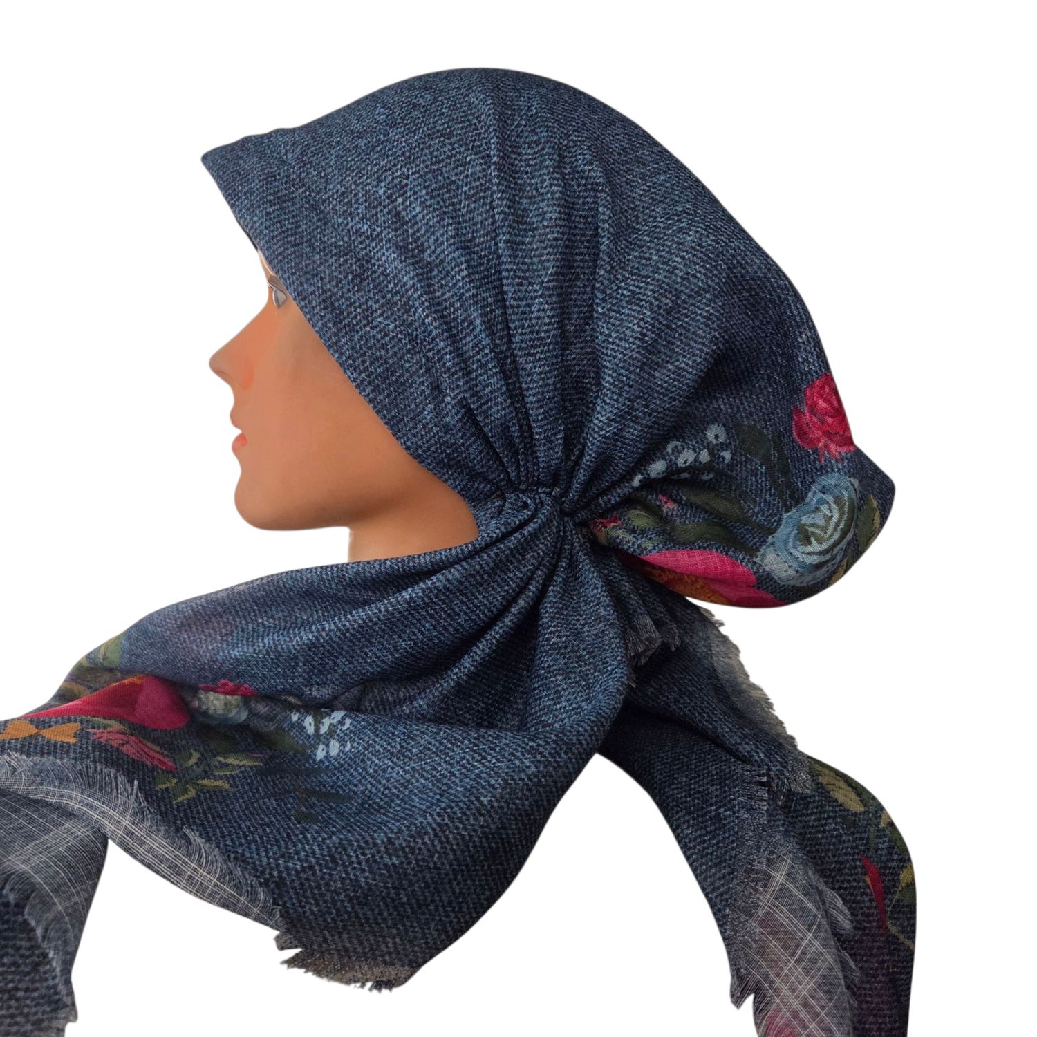 Denim blue floral whispers - soft fringes pretied tichel