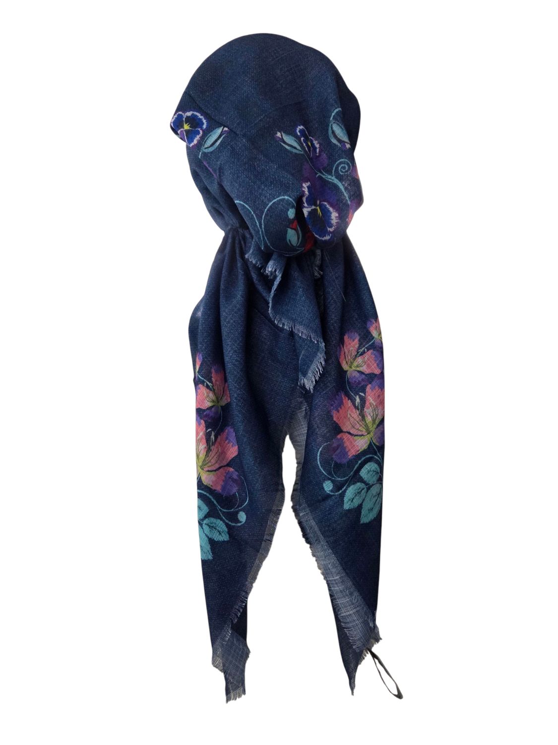 Dark blue floral whispers - soft fringes pretied tichel