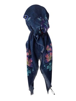 Dark blue floral whispers - soft fringes pretied tichel