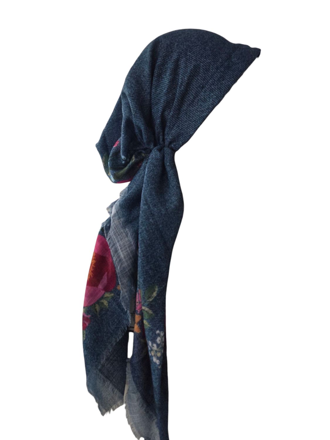 Denim blue floral whispers - soft fringes pretied tichel