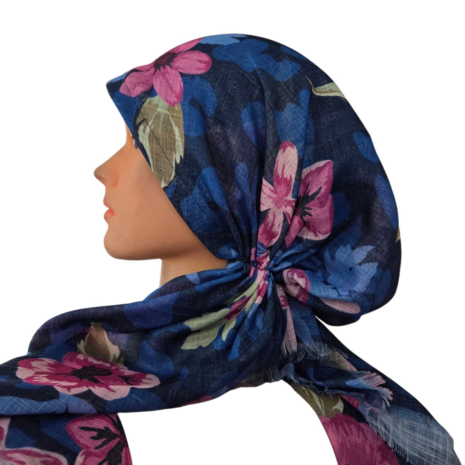 Dark blue botanic breeze - soft fringes pretied tichel