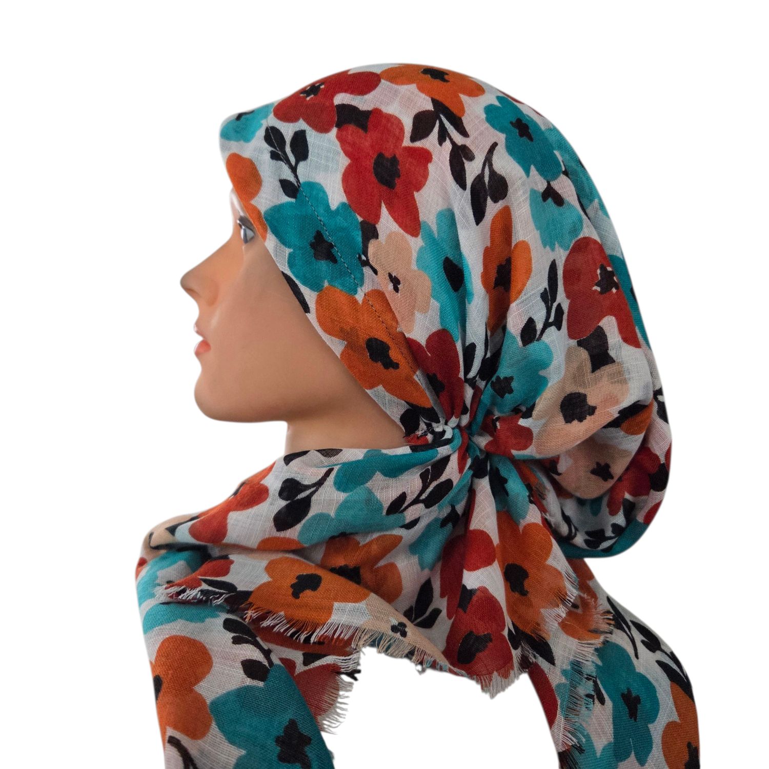 Oranges seasonally colored floral - soft fringes pretied tichel