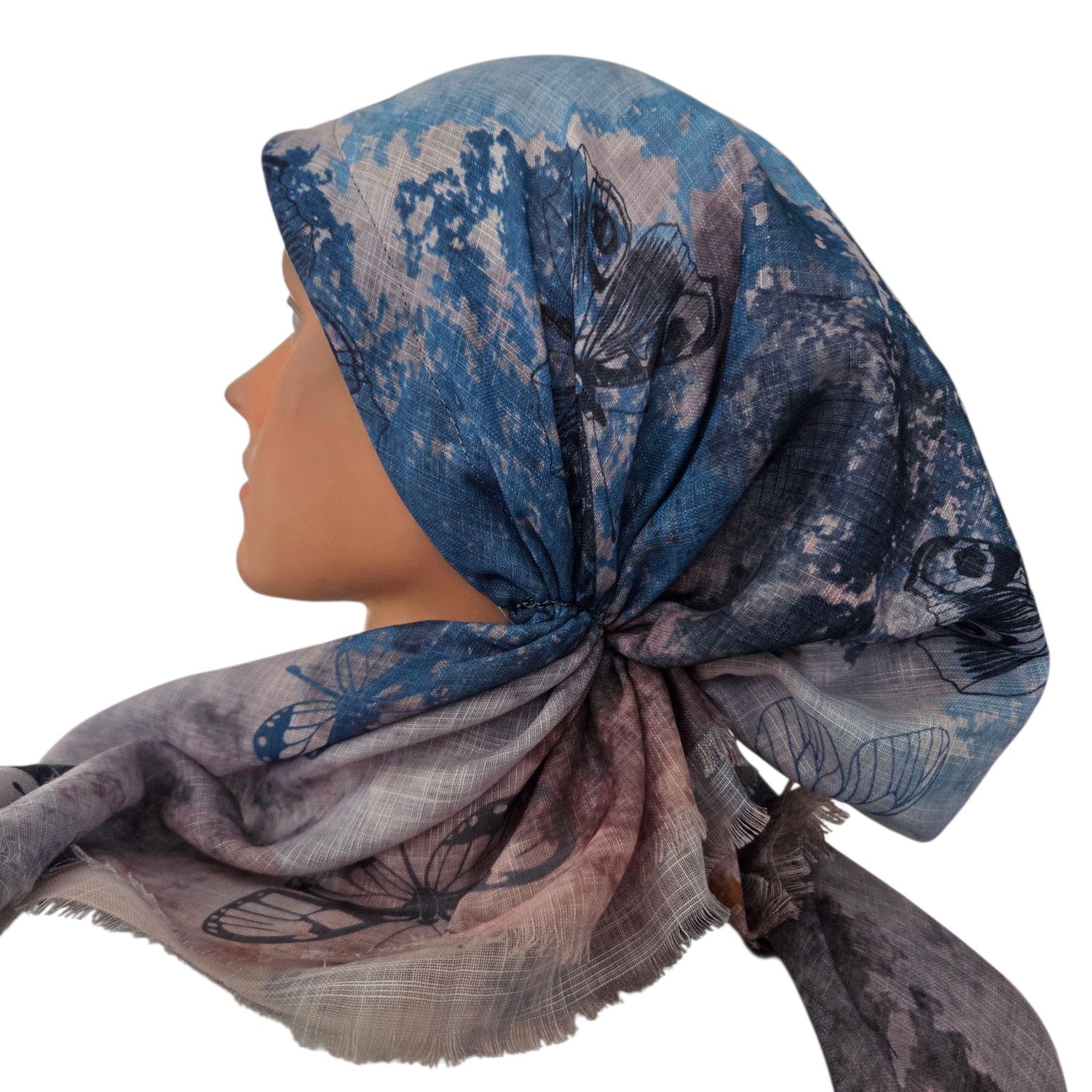 Light blue shaded w/butterflies - soft fringes pretied tichel