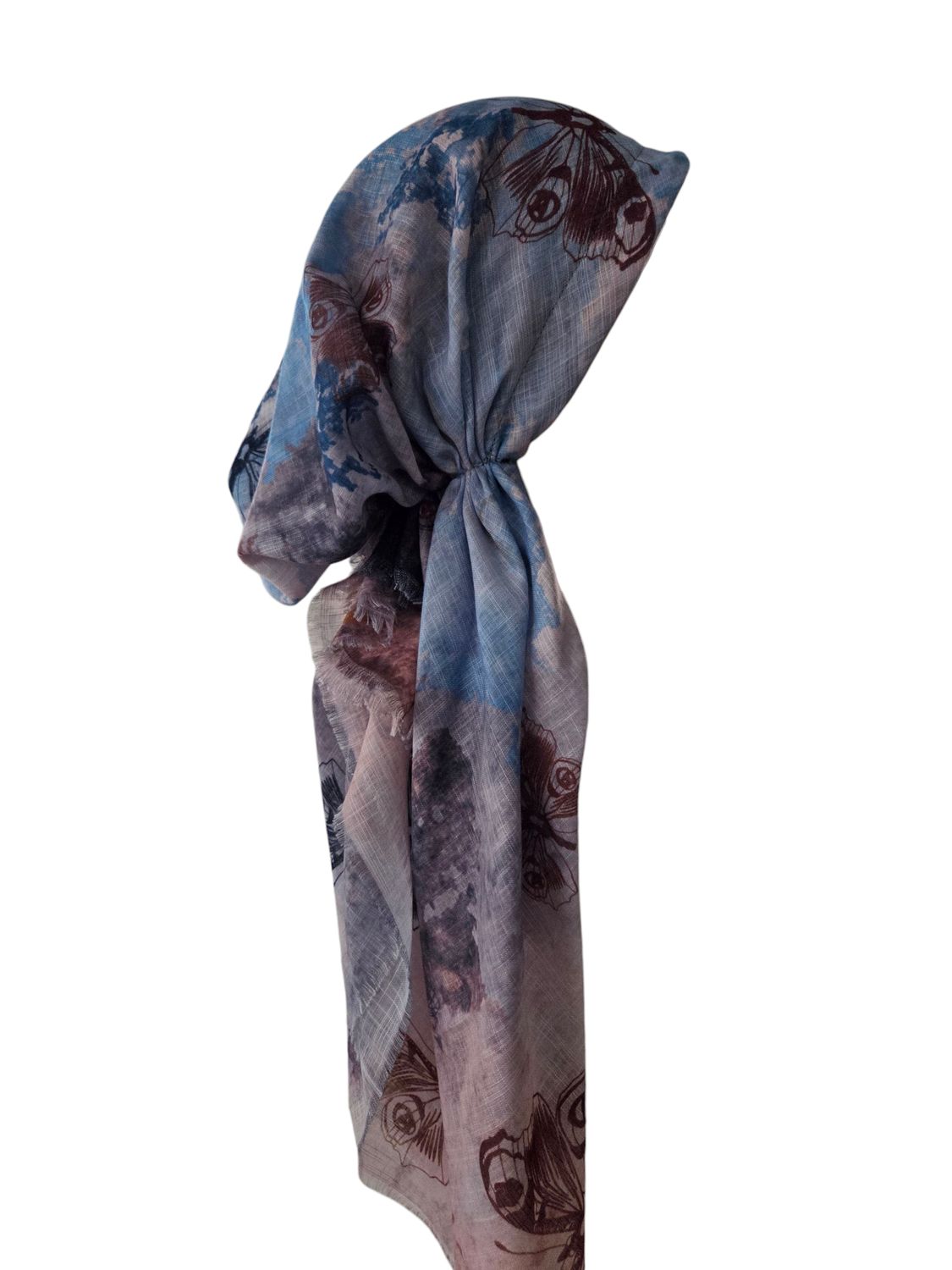 Light blue shaded w/butterflies - soft fringes pretied tichel