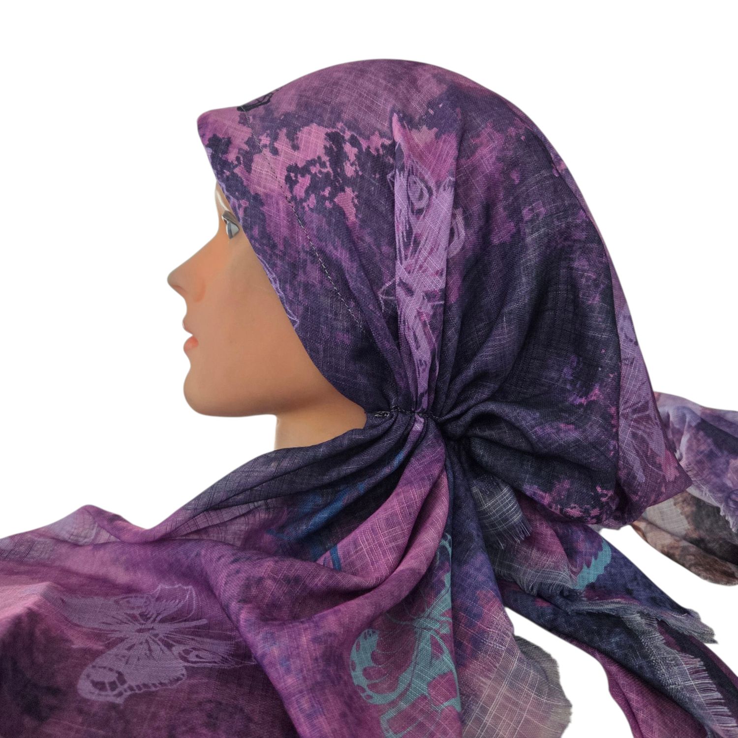 Dark pink shaded w/butterflies - soft fringes pretied tichel