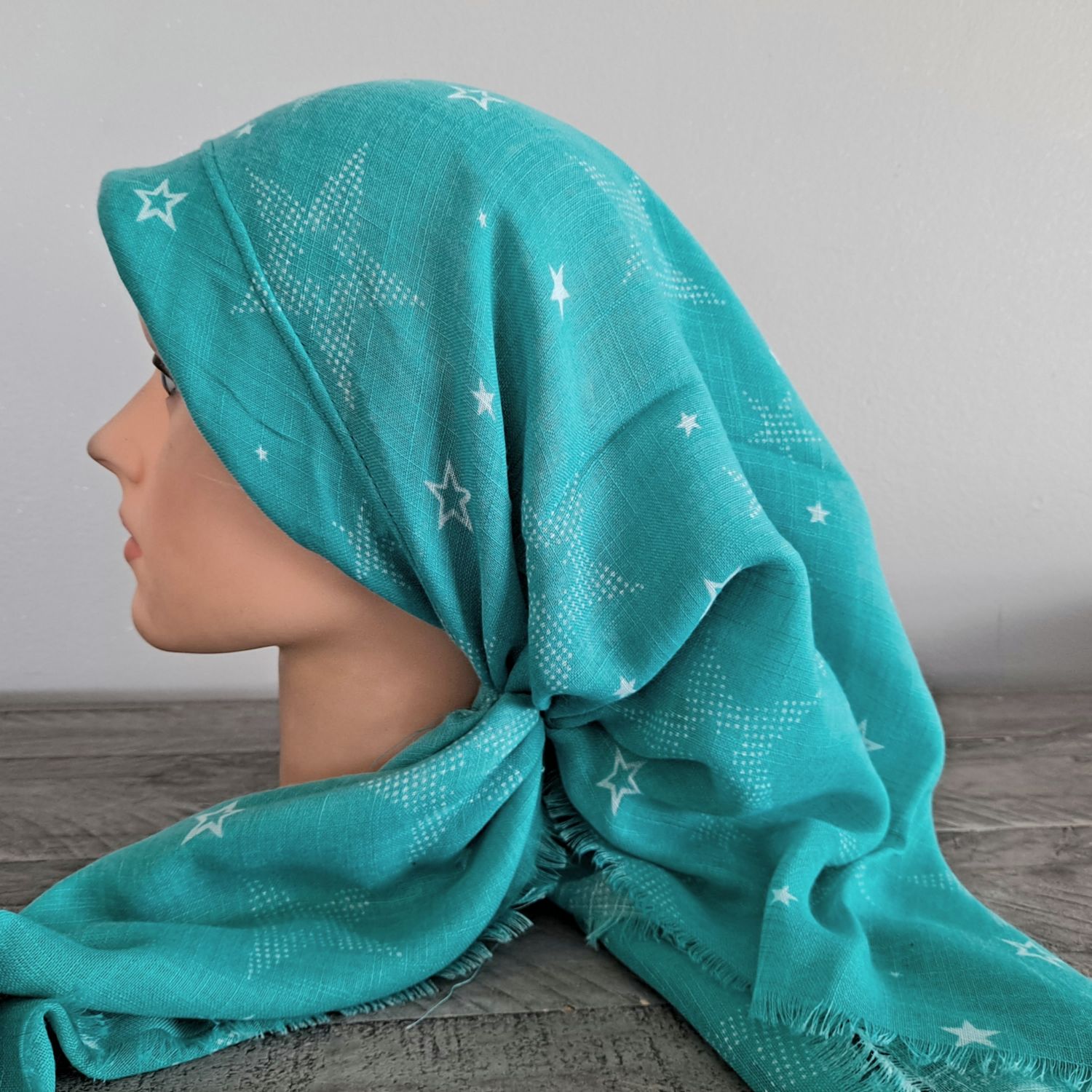 Sea green starred soft fringed - long back pre-tied kerchief w/band sewn in