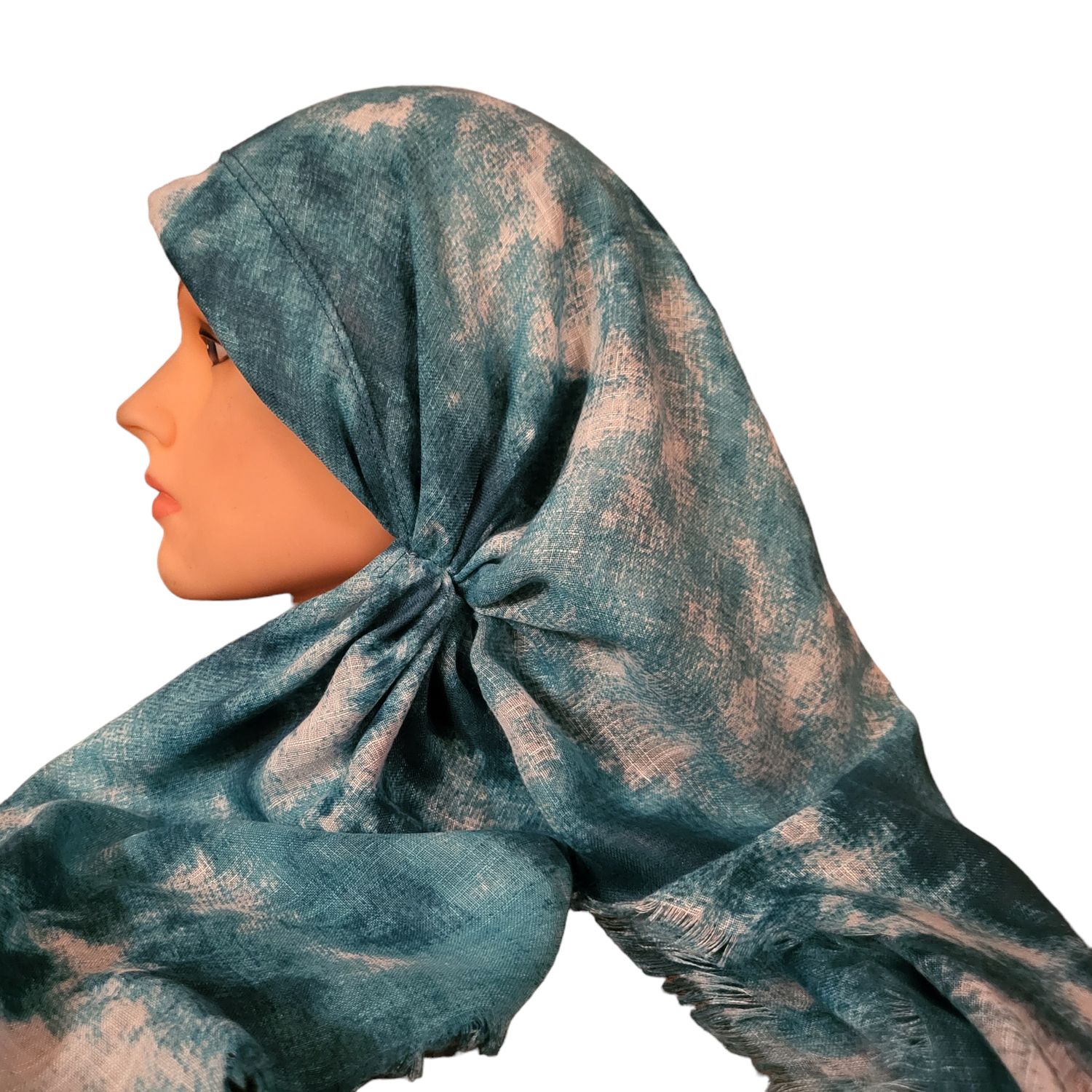 Sea green tie dyed long back pre-tied kerchief w/band sewn in  -  soft fringed edges material