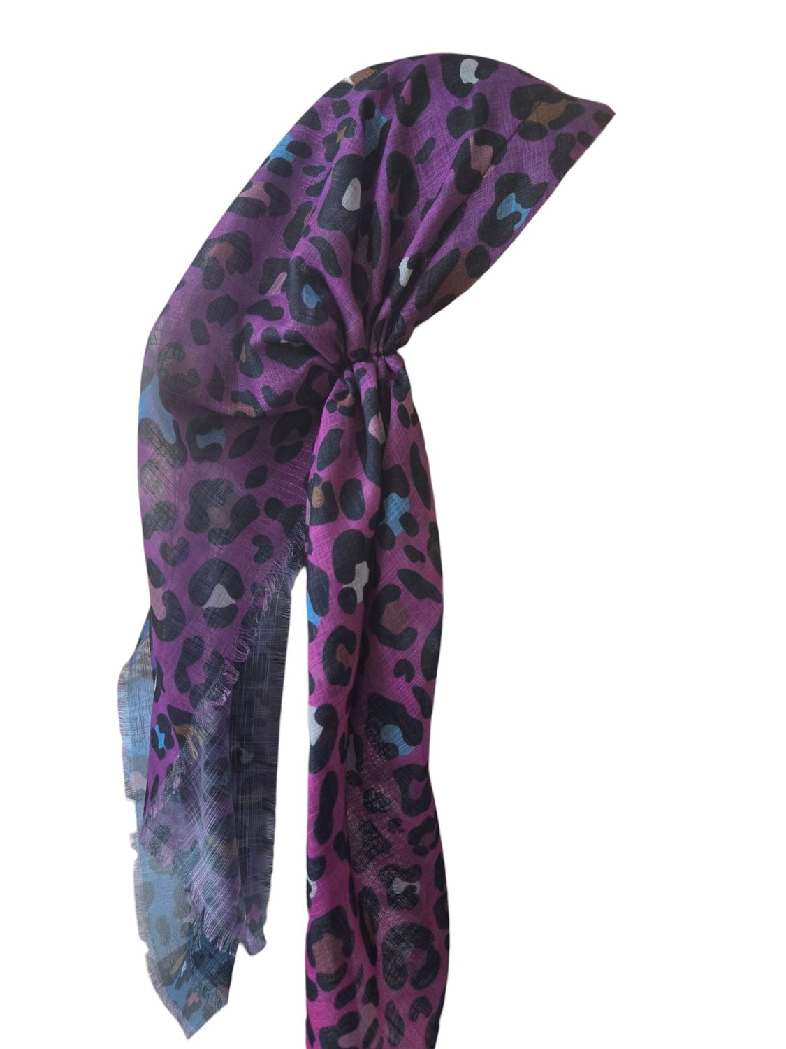 Purple shaded leopard - long back pre-tied kerchief w/band sewn in  -  soft fringed edges material
