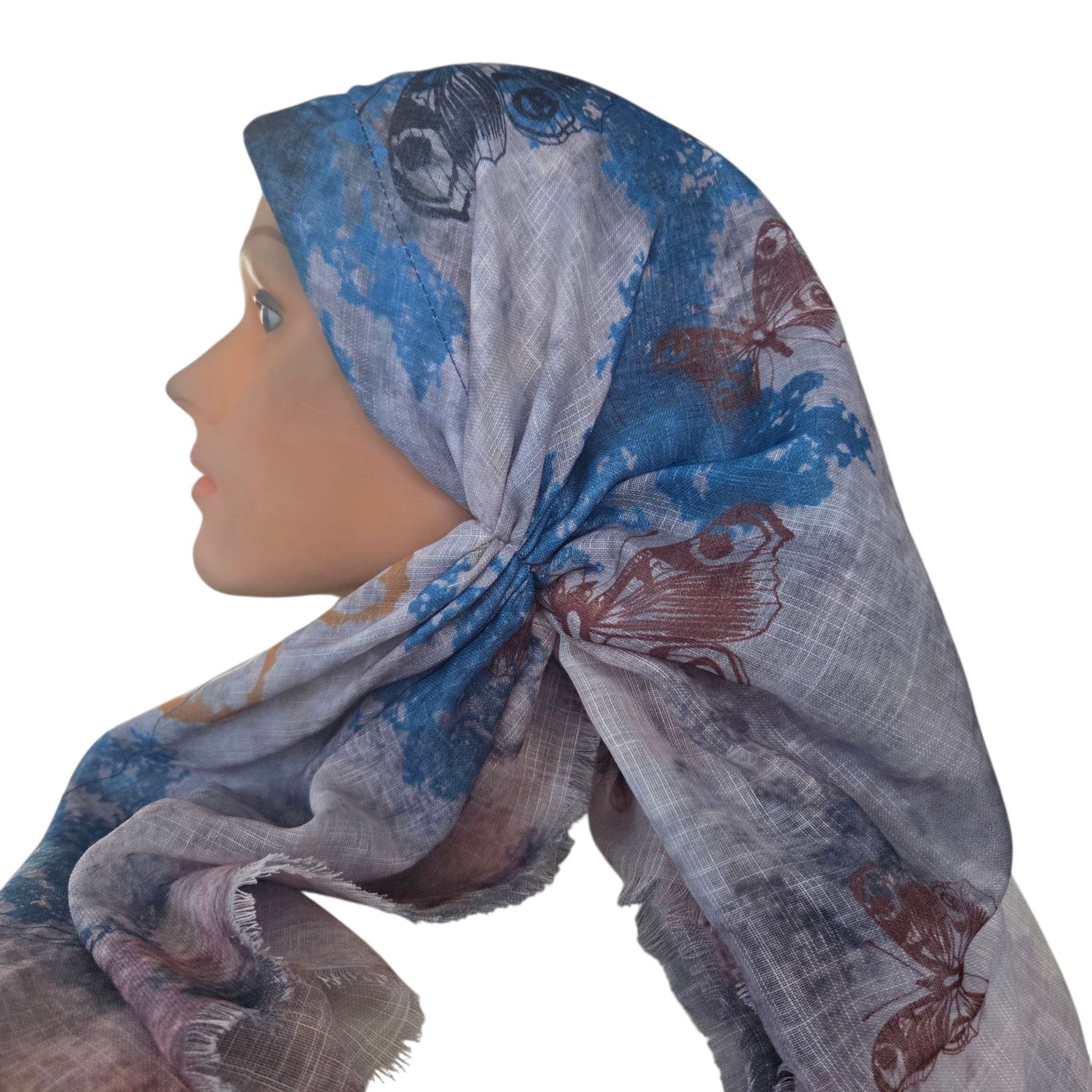 Light blue n'more shaded butterflies - long back pre-tied kerchief w/band sewn in  -  soft fringed edges material