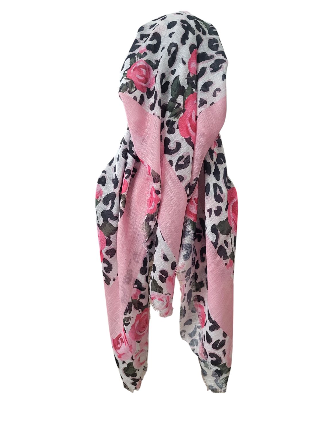 White  leopard and flowers long back pre-tied kerchief w/band sewn in  -  soft fringed edges material