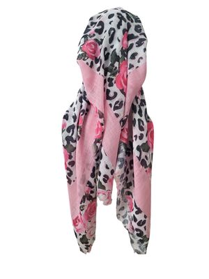 White  leopard and flowers long back pre-tied kerchief w/band sewn in  -  soft fringed edges material