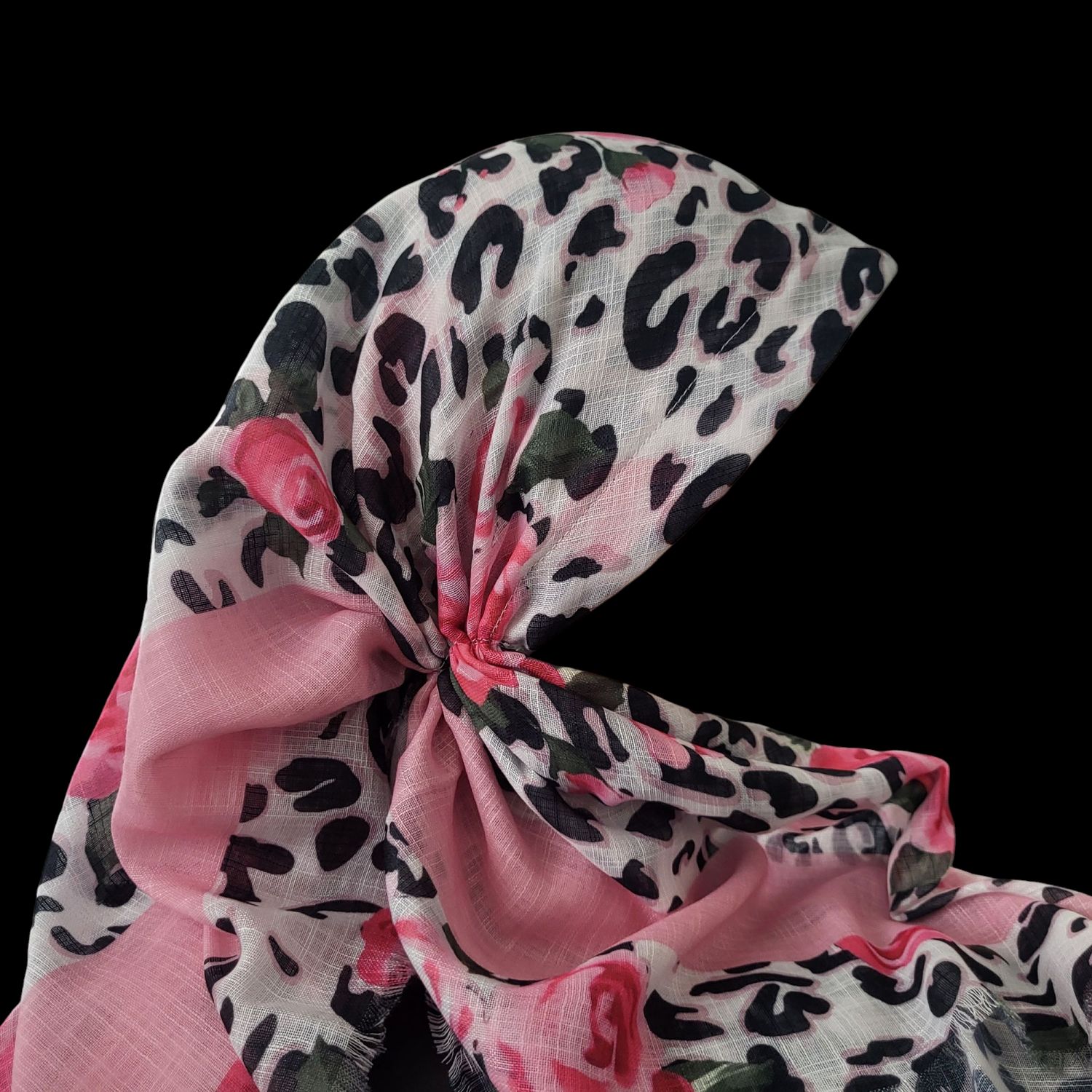 White  leopard and flowers long back pre-tied kerchief w/band sewn in  -  soft fringed edges material