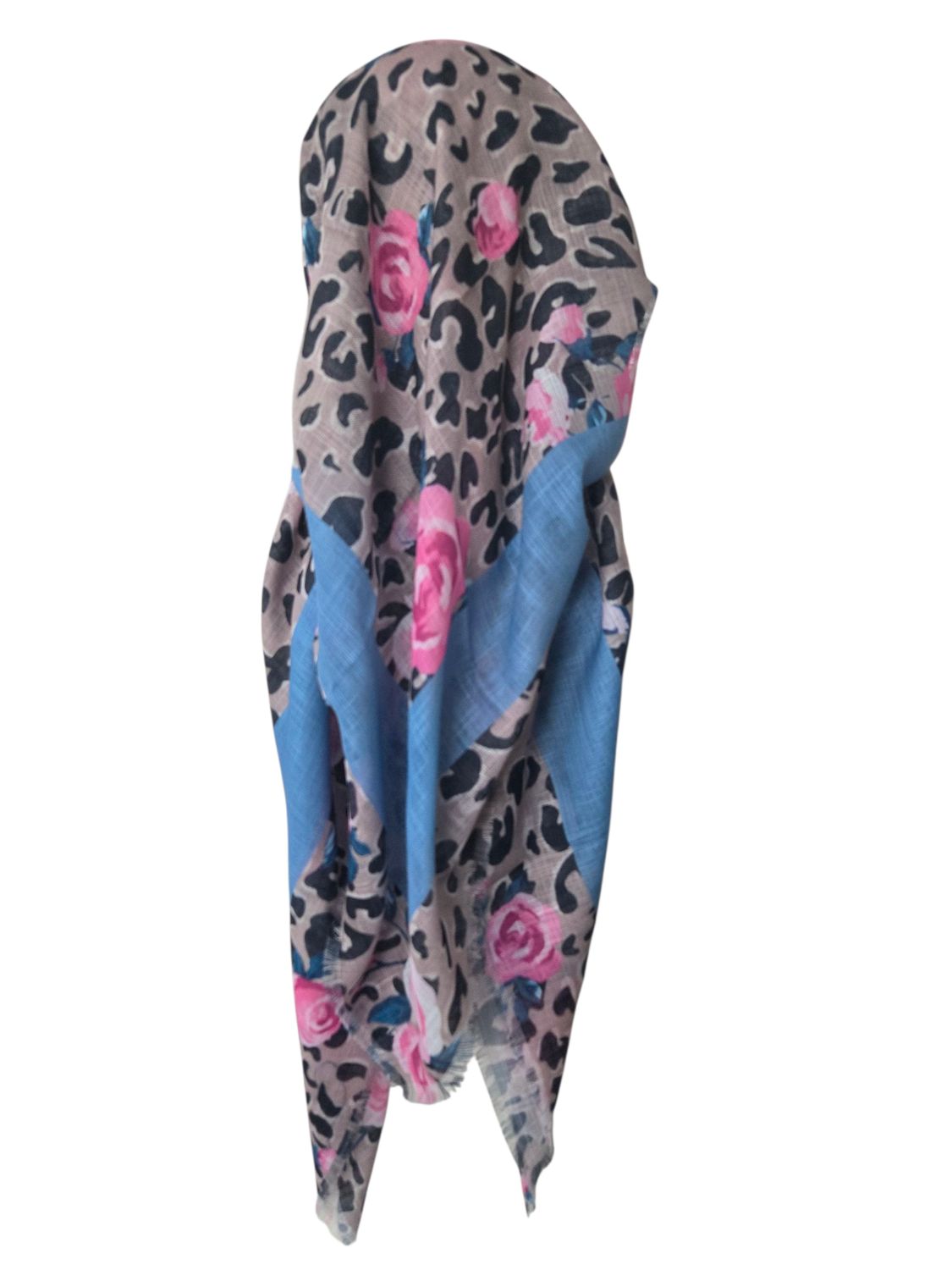 Tan  leopard and flowers long back pre-tied kerchief w/band sewn in  -  soft fringed edges material