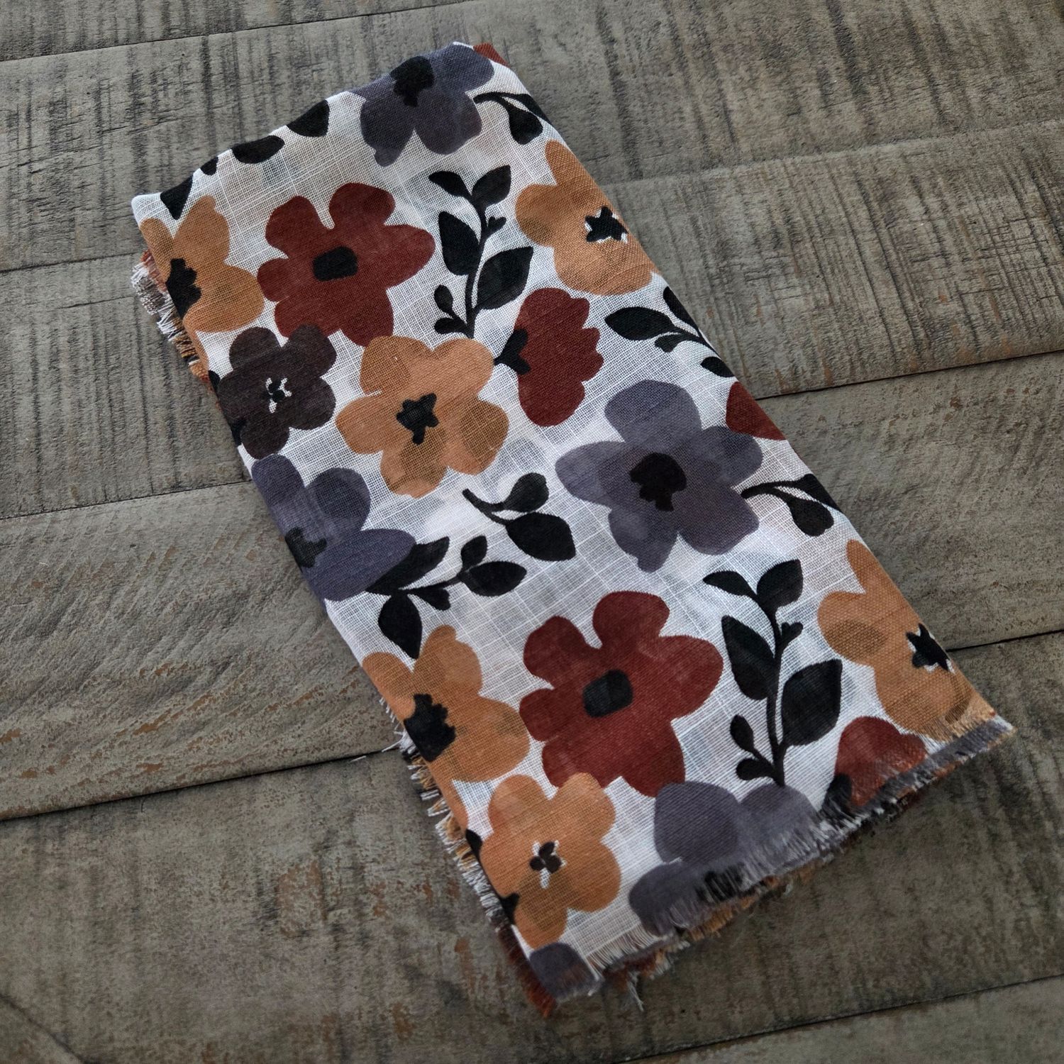 Gray seasonally colored floral -  soft fringed tichel