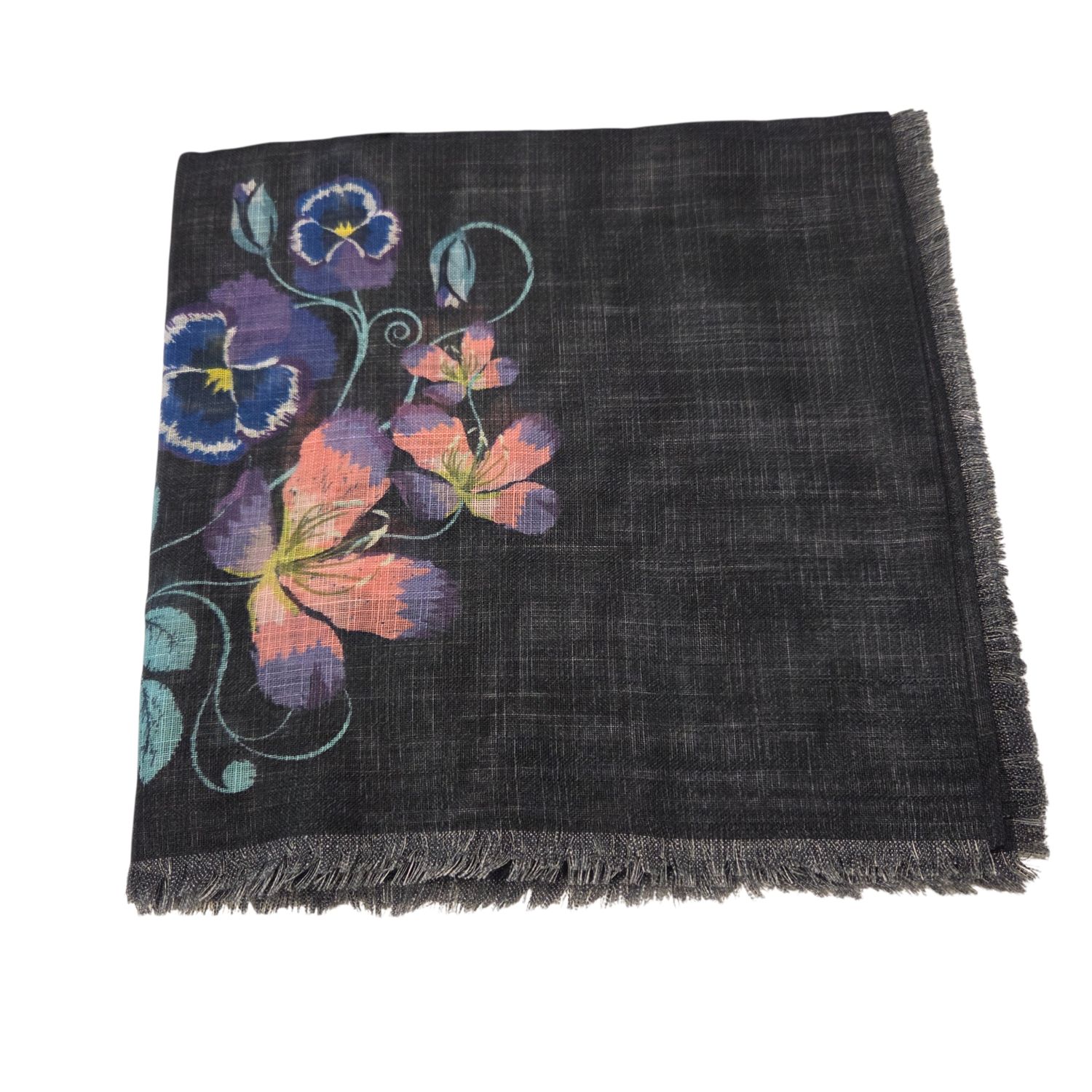 Black/aqua - floral whispers -  soft fringed tichel
