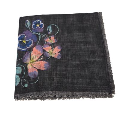 Black/aqua - floral whispers -  soft fringed tichel