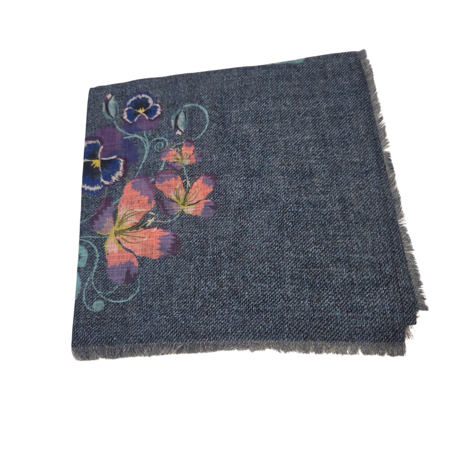 Denim/aqua- floral whispers -  soft fringed tichel