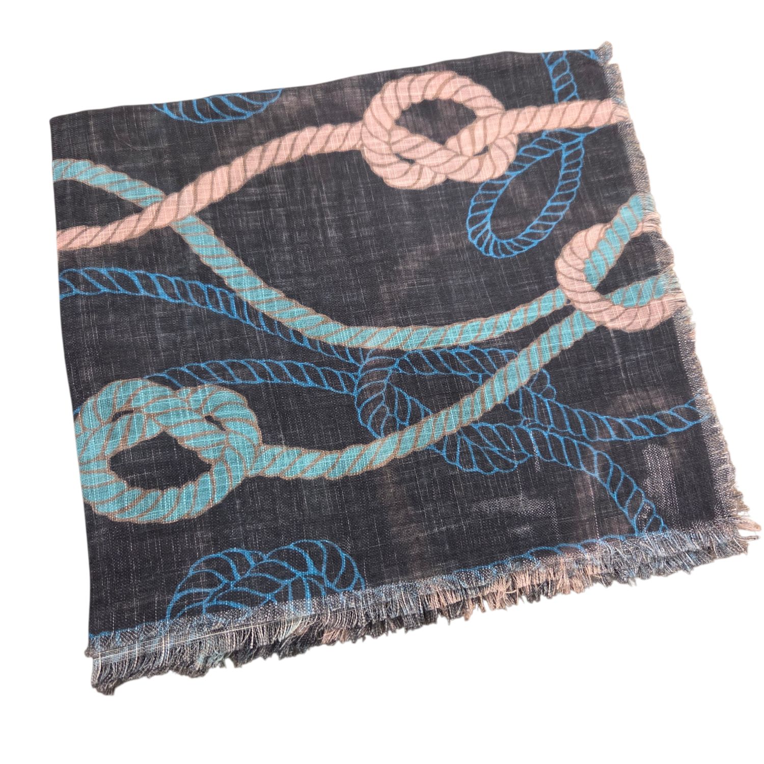 Black/sea green - rope motif -  soft fringed tichel