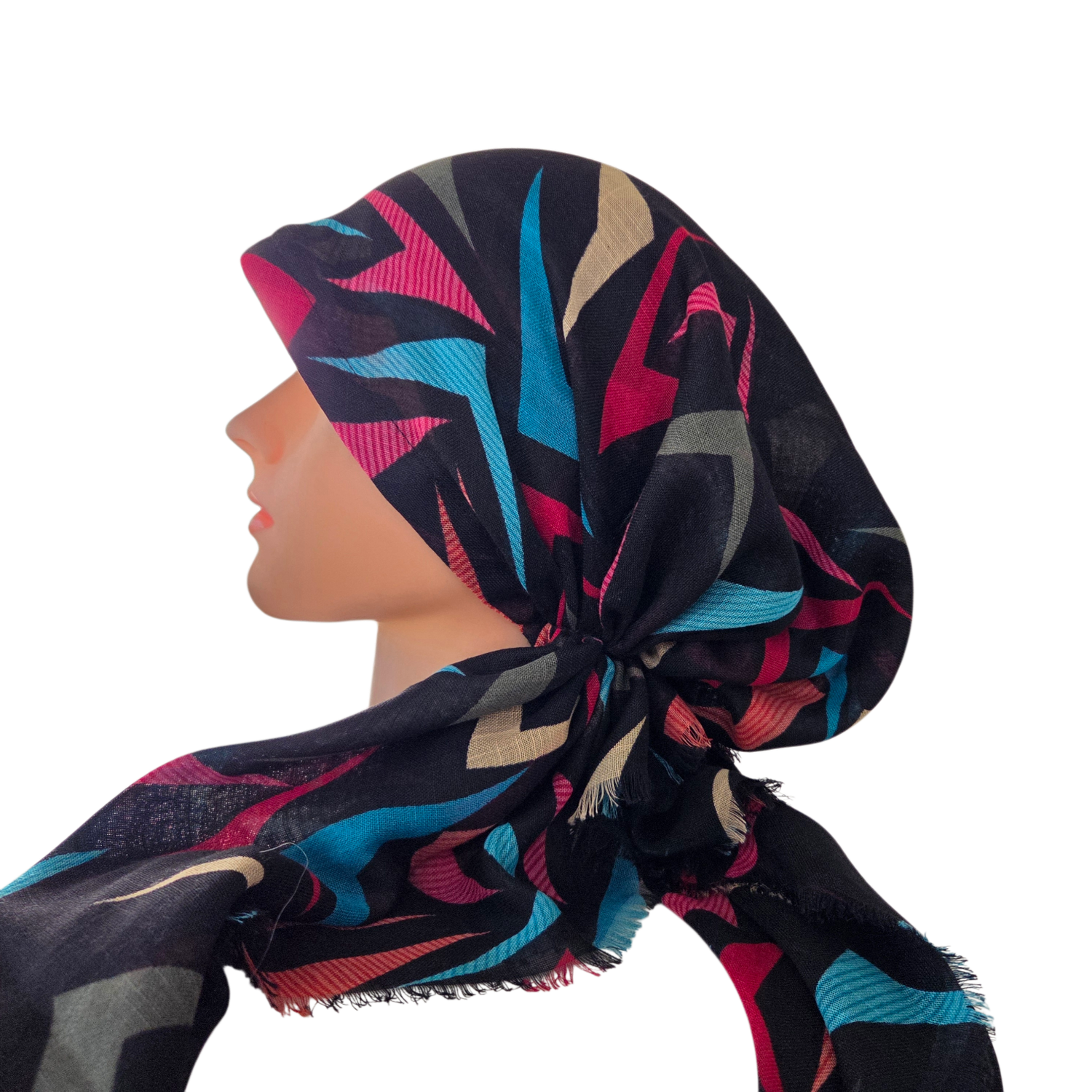 Black - geometric breeze -  soft fringes pretied tichel