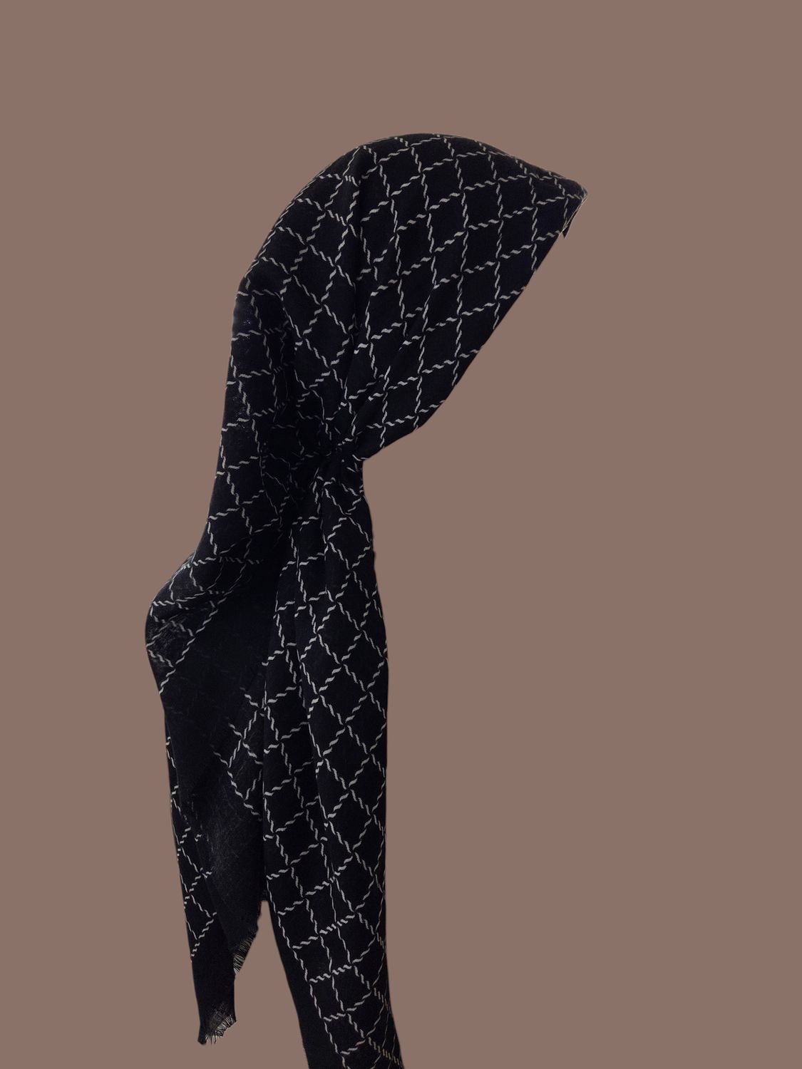 Black &amp; White - Braided - long kerchief back - soft fringes pretied tichel (BBS) w/band sewn in