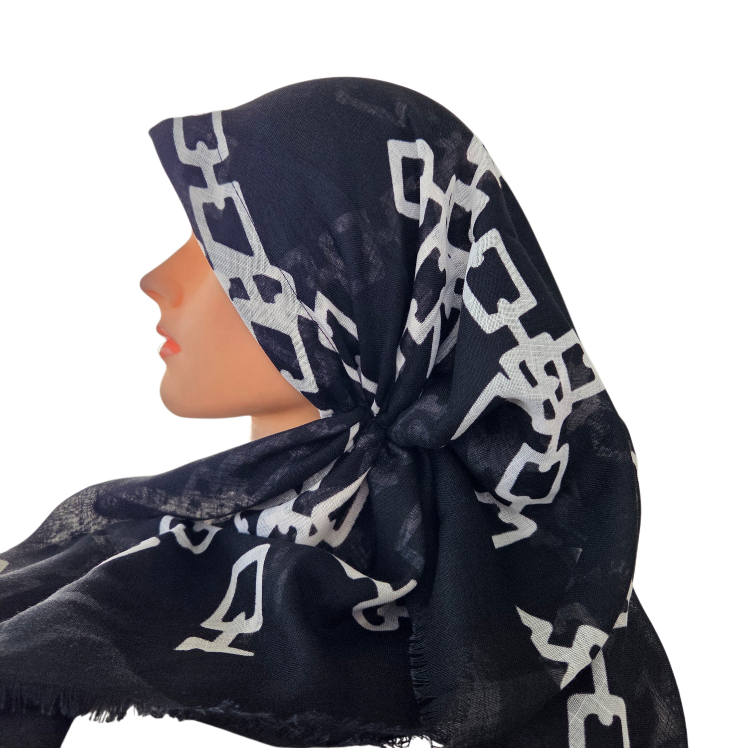 Black &amp; White - Chains - long kerchief back - soft fringes pretied tichel (BBS) w/band sewn in