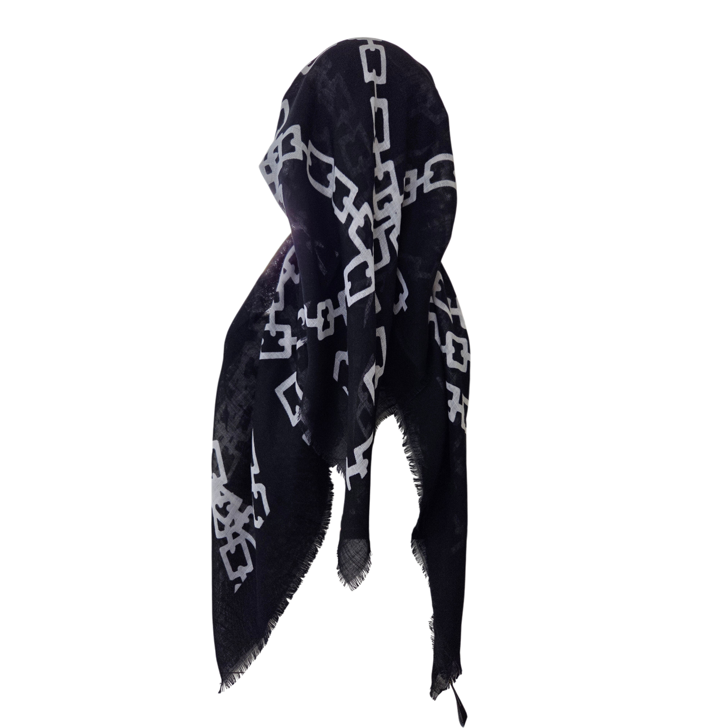 Black &amp; White - Chains - long kerchief back - soft fringes pretied tichel (BBS) w/band sewn in