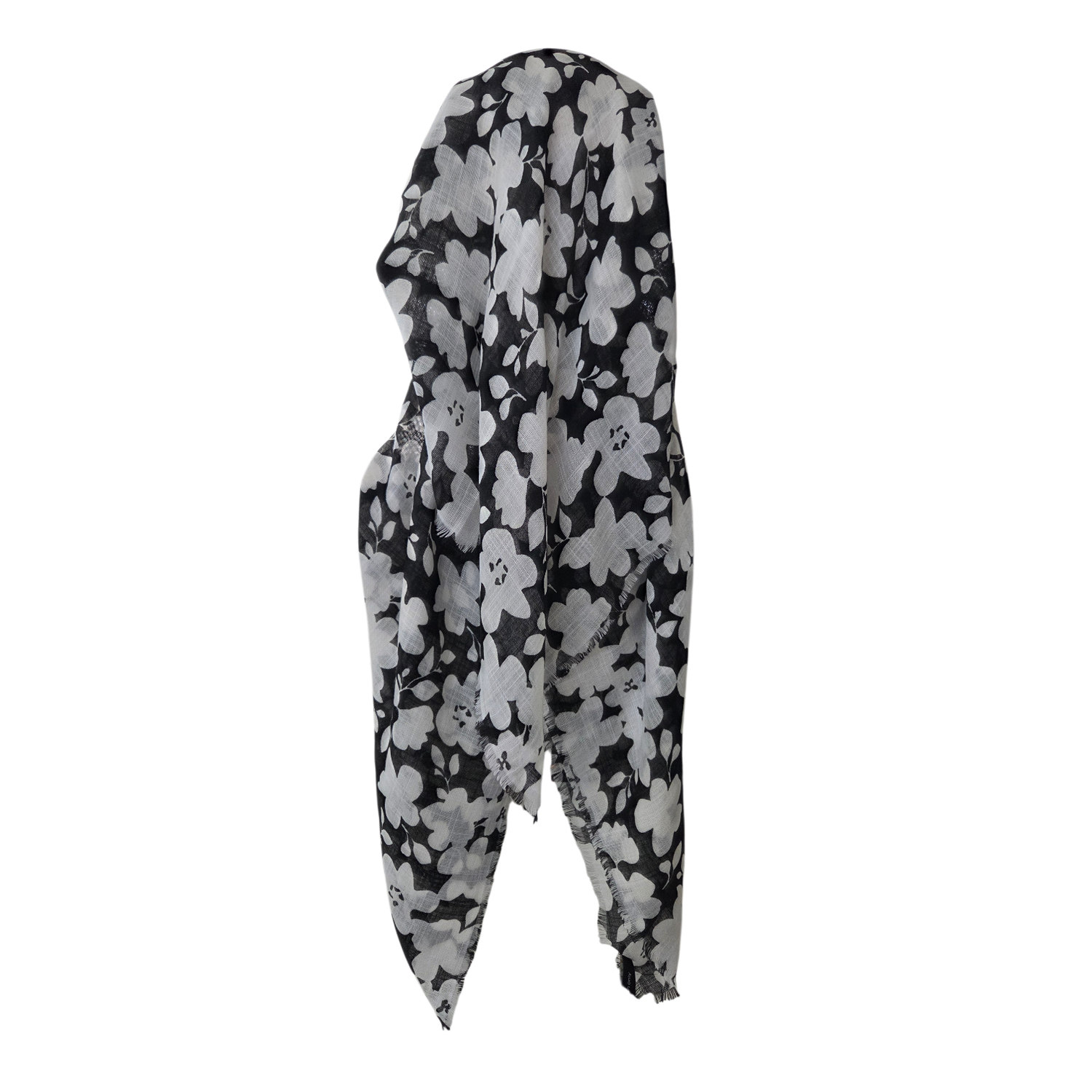 White &amp; Black - Floral - long kerchief back - soft fringes pretied tichel (BBS) w/band sewn in