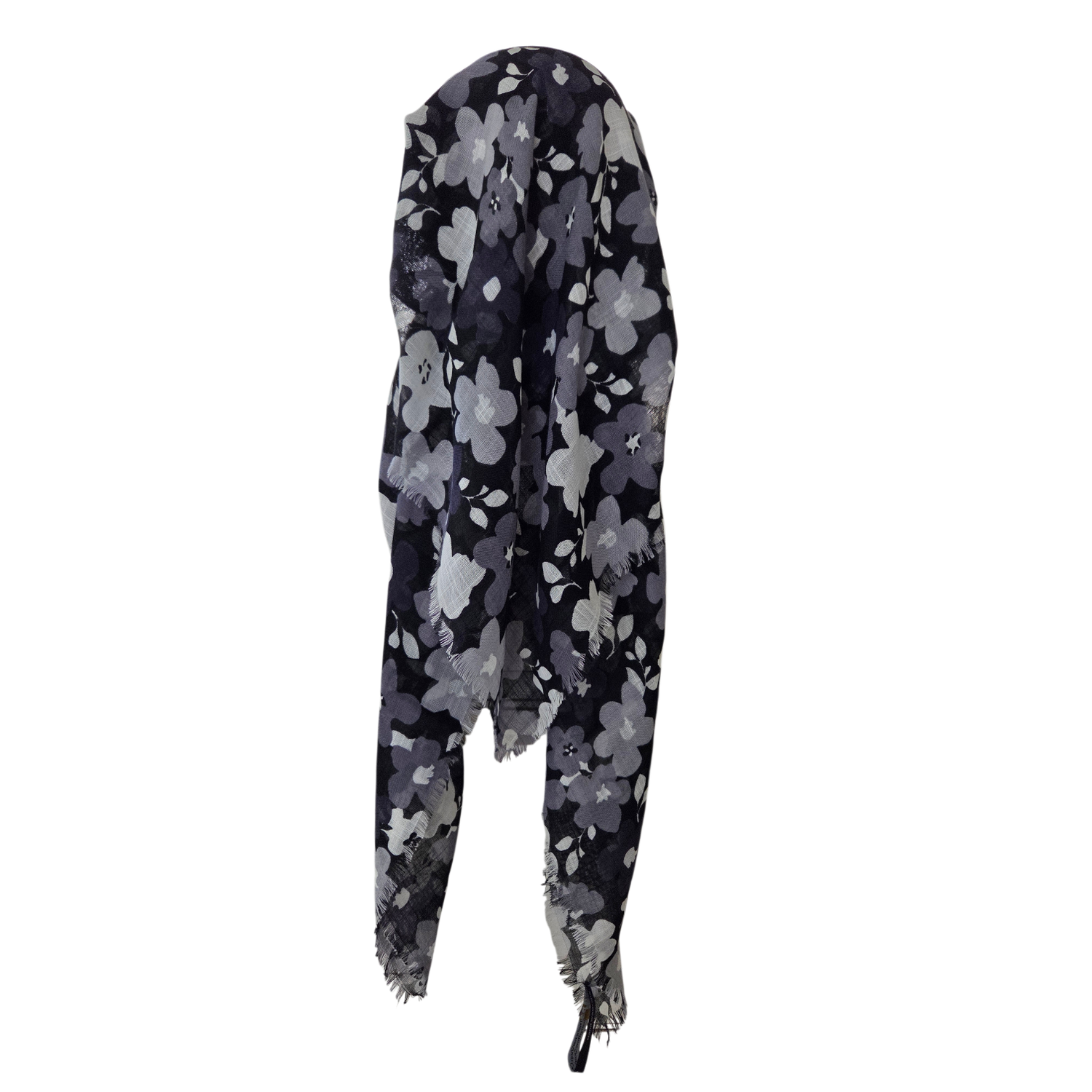 Black &amp; White - Floral - long kerchief back - soft fringes pretied tichel (BBS) w/band sewn in