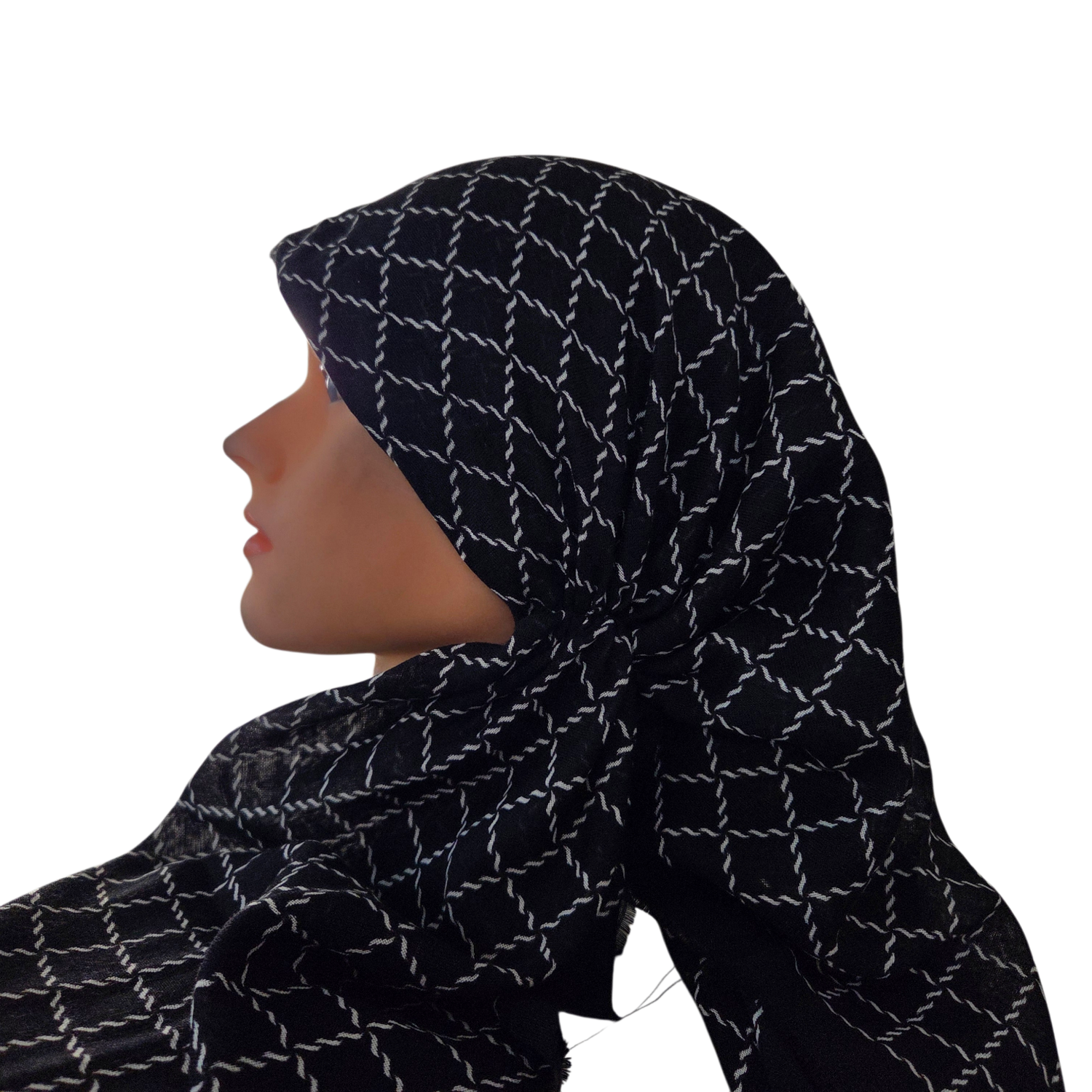 Black &amp; White - Braided - long kerchief back - soft fringes pretied tichel (BBS) w/band sewn in